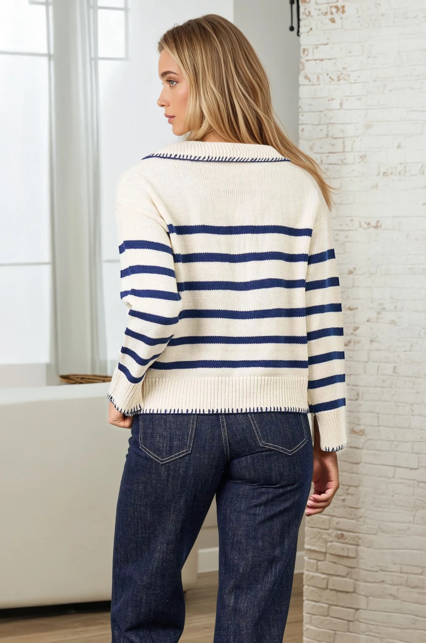 Striped Polo Knit Jumper with Blanket Stitch Detail - Navy/Cream