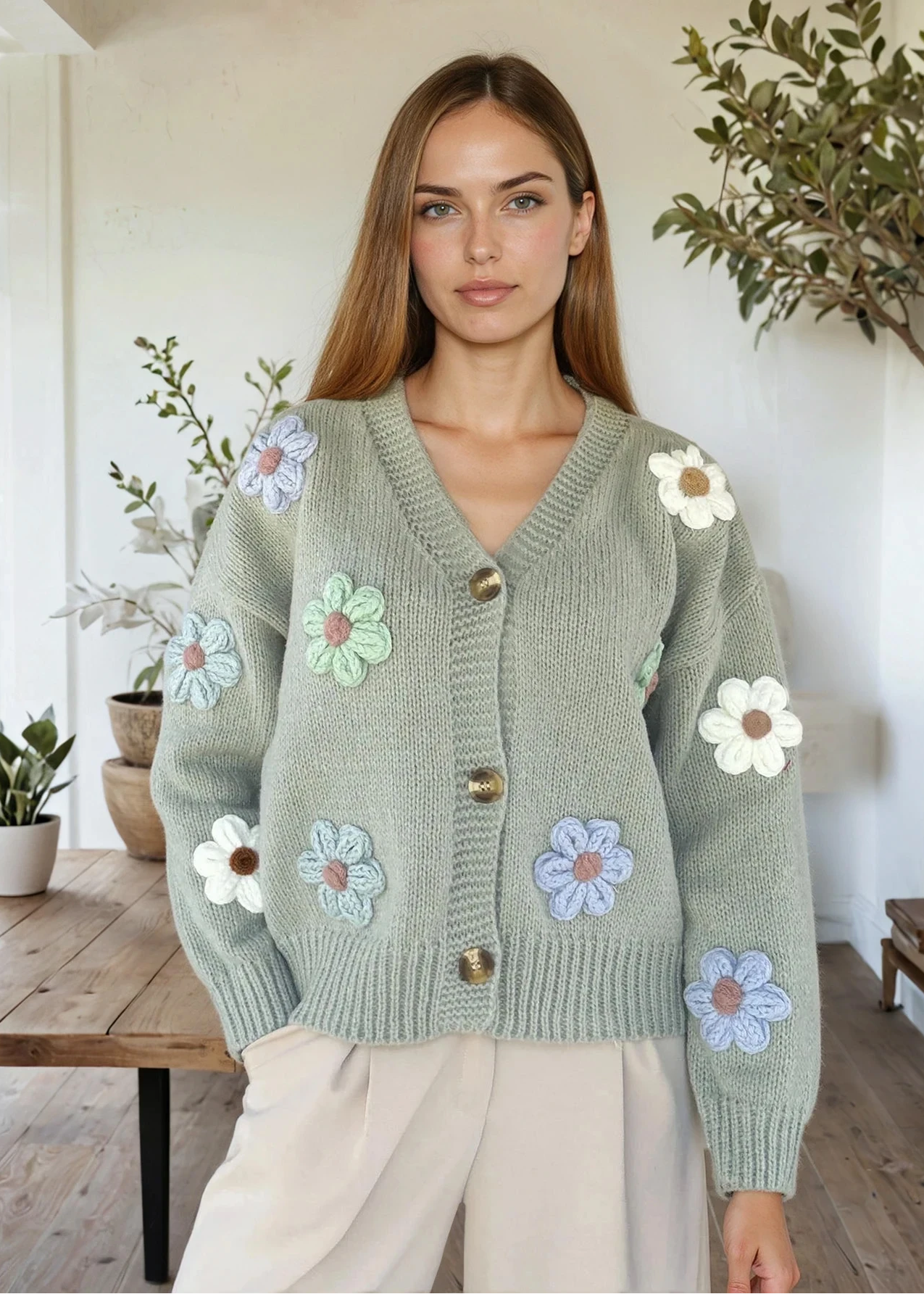 Cosy 3D Flower Sage Cardigan