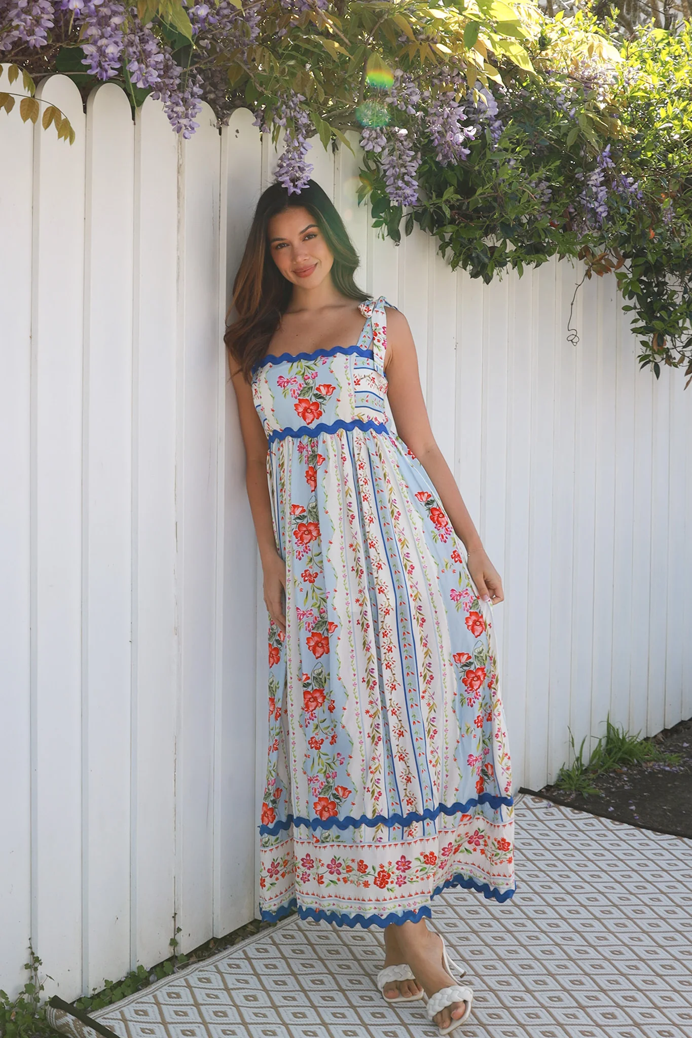 Rosaline Floral Print Maxi Dress with Ric-Rac Trim - Blue/White