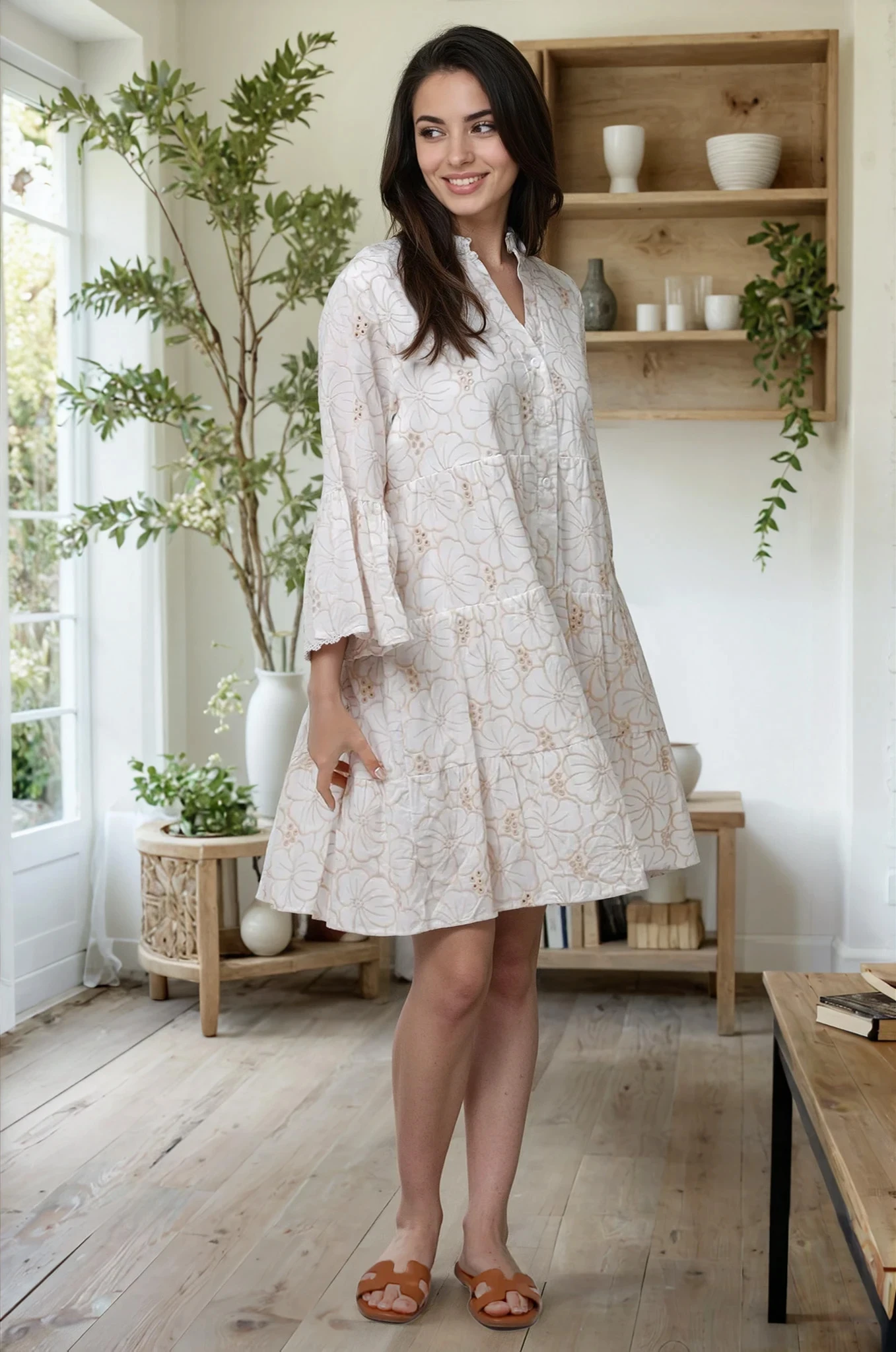 Lille Floral Embroidered Cotton Dress - White/Beige