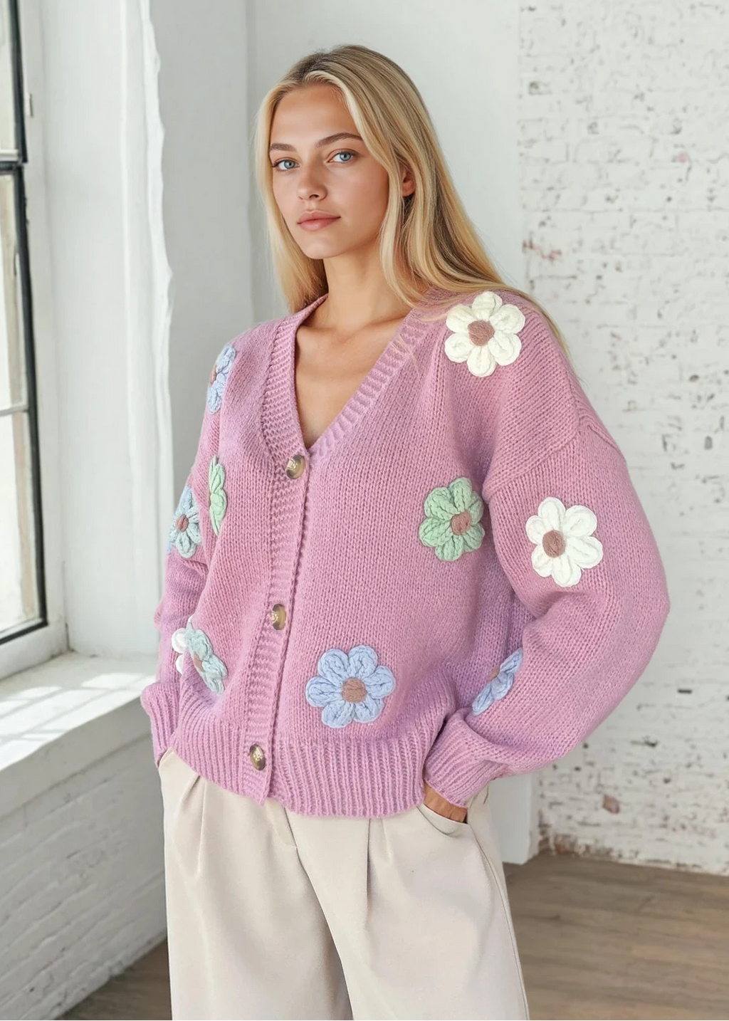 Cosy 3D Flower Pink Cardigan