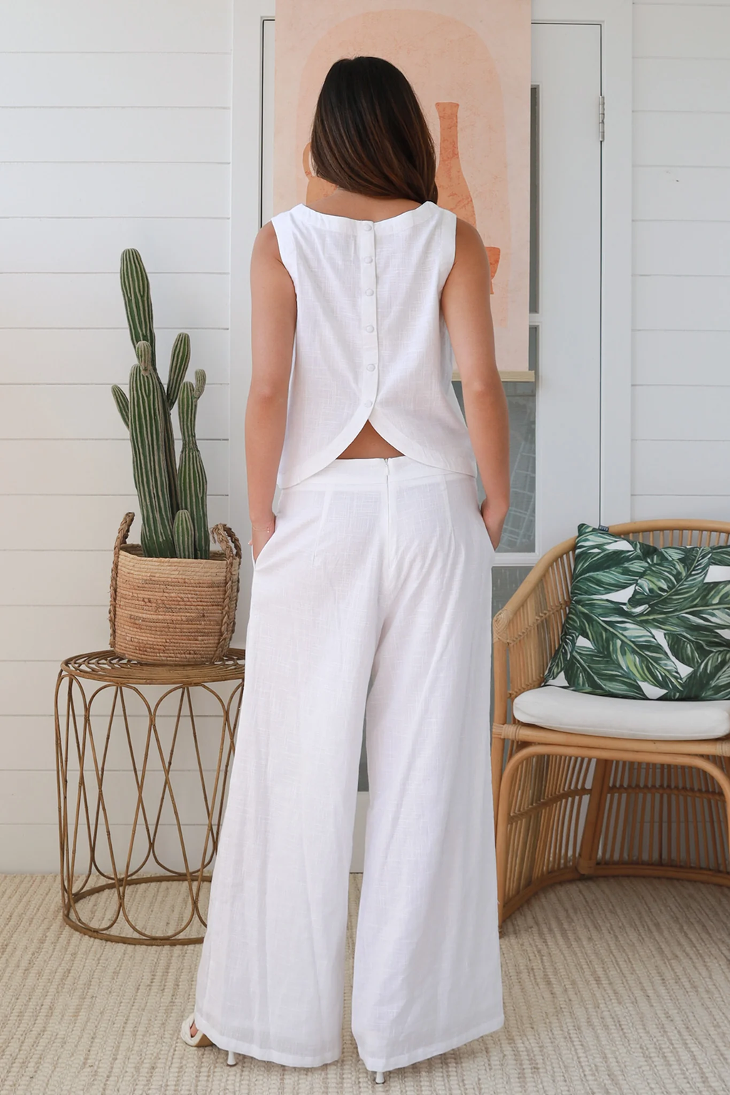 White Cotton Top & Wide Pant Set with Button Detail