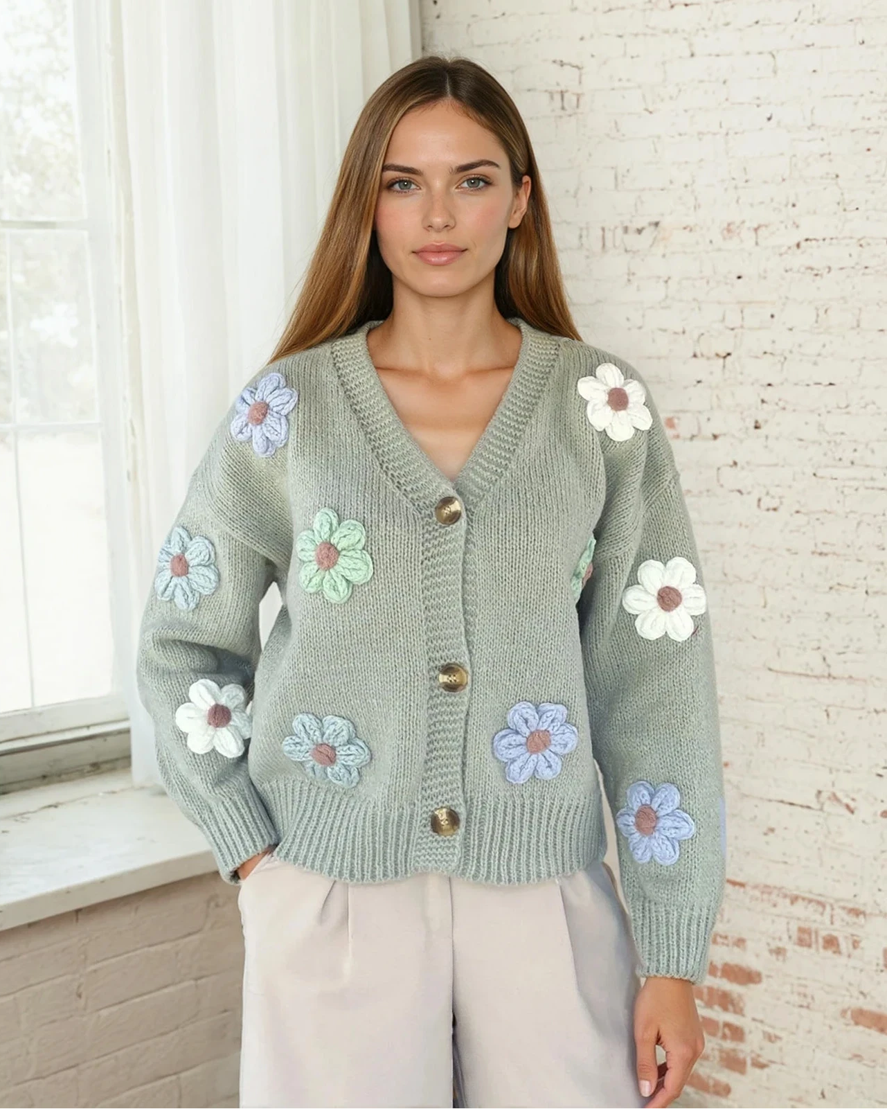 Cosy 3D Flower Sage Cardigan
