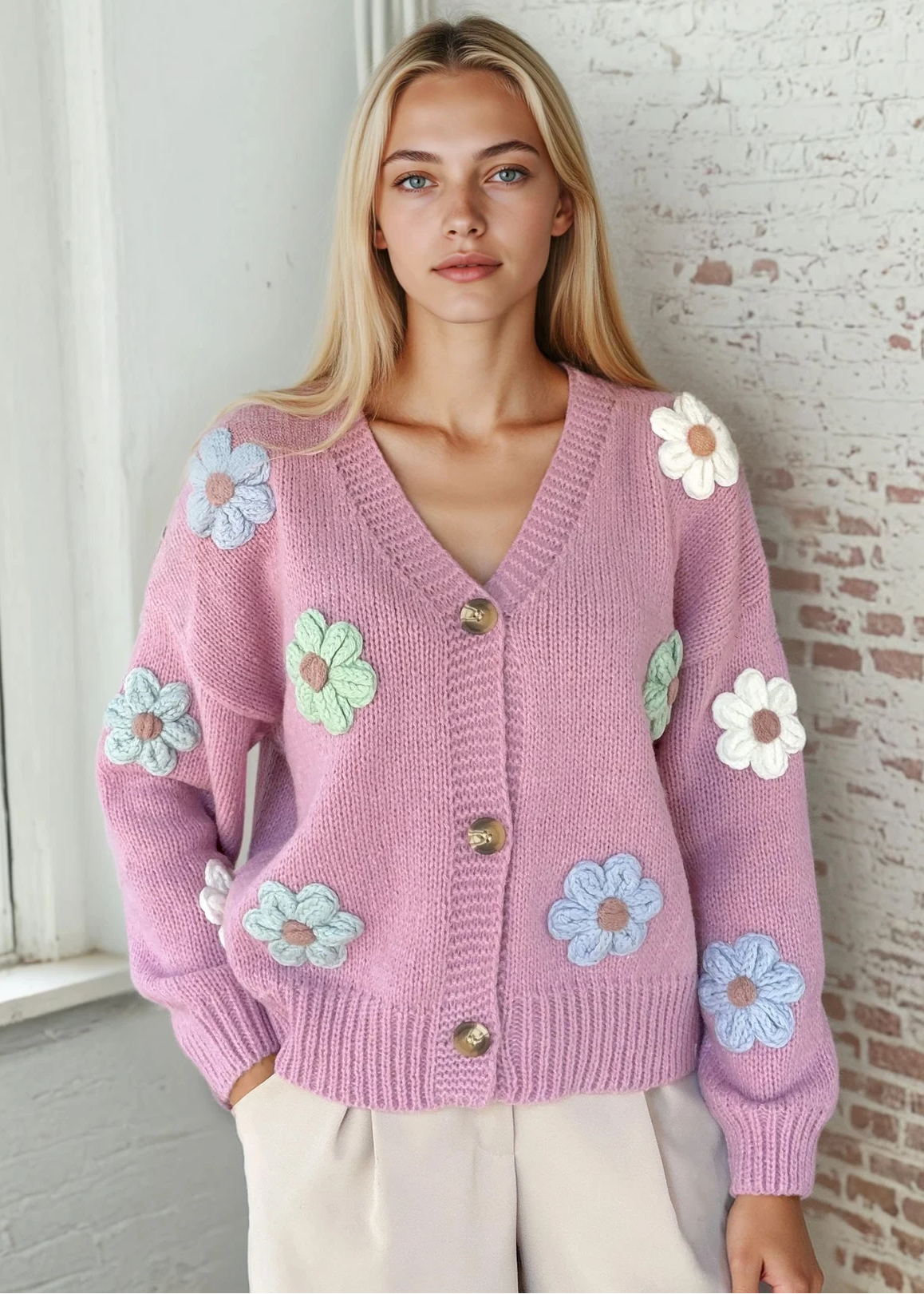 Cosy 3D Flower Pink Cardigan