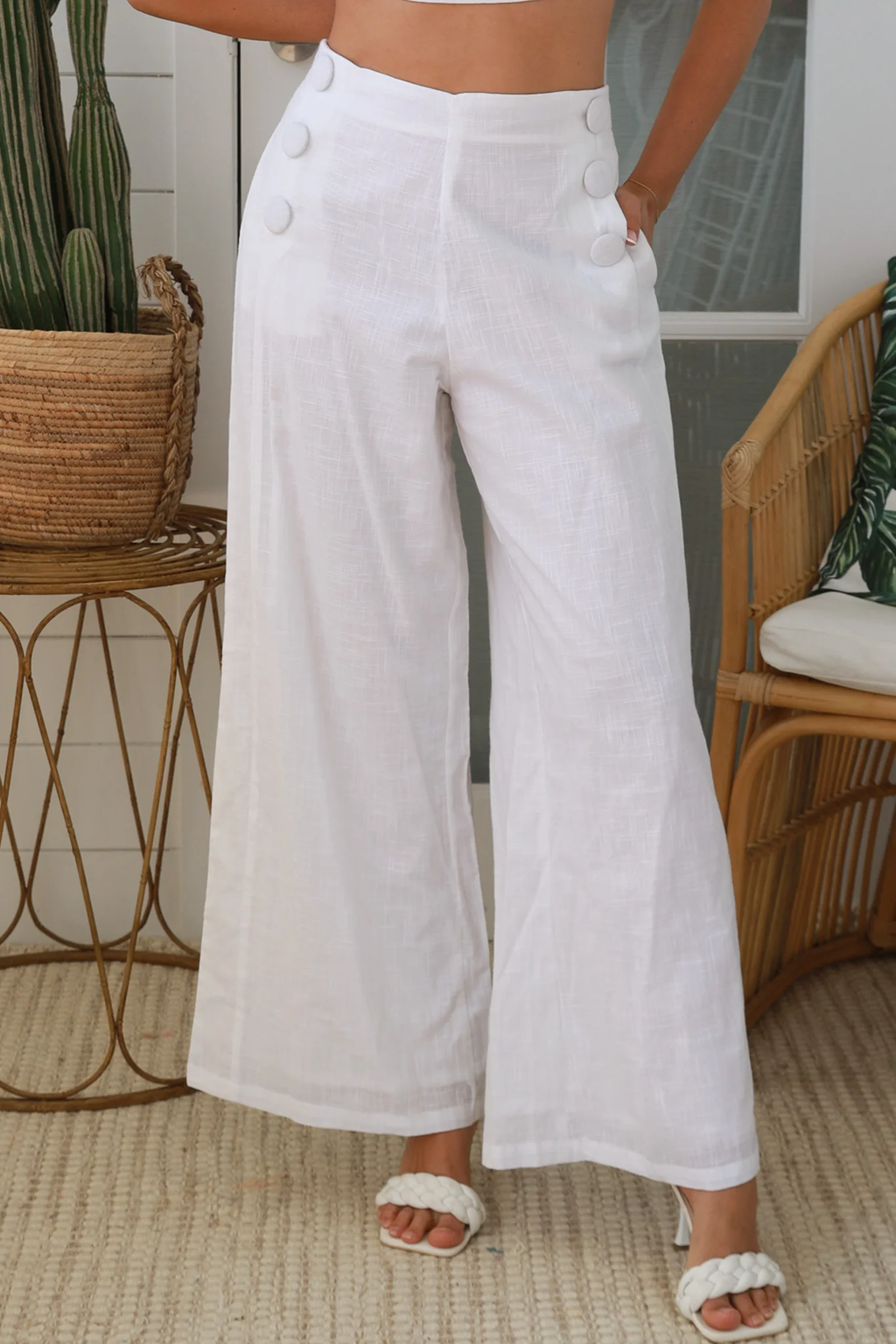 White Cotton Top & Wide Pant Set with Button Detail