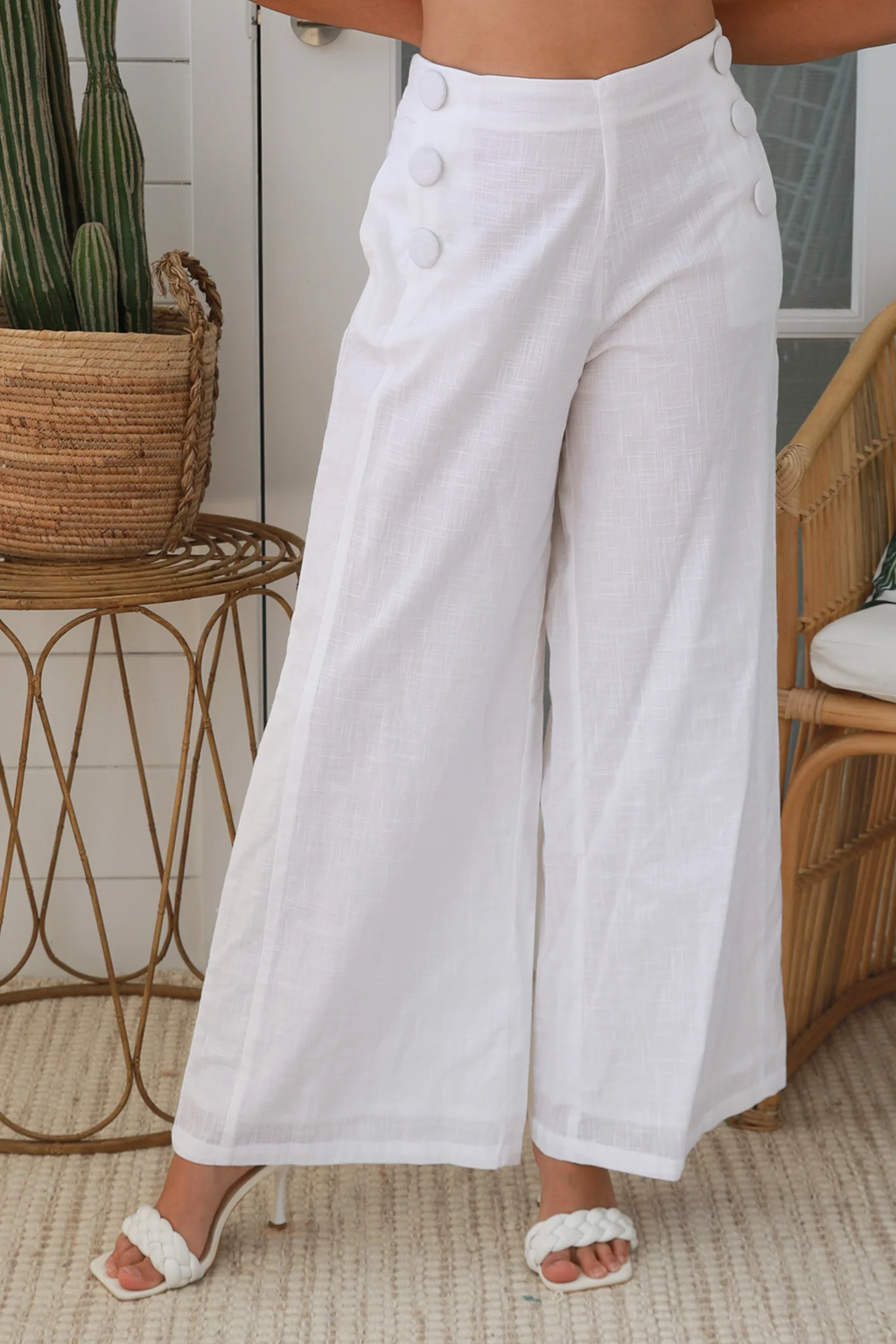 White Cotton Top & Wide Pant Set with Button Detail