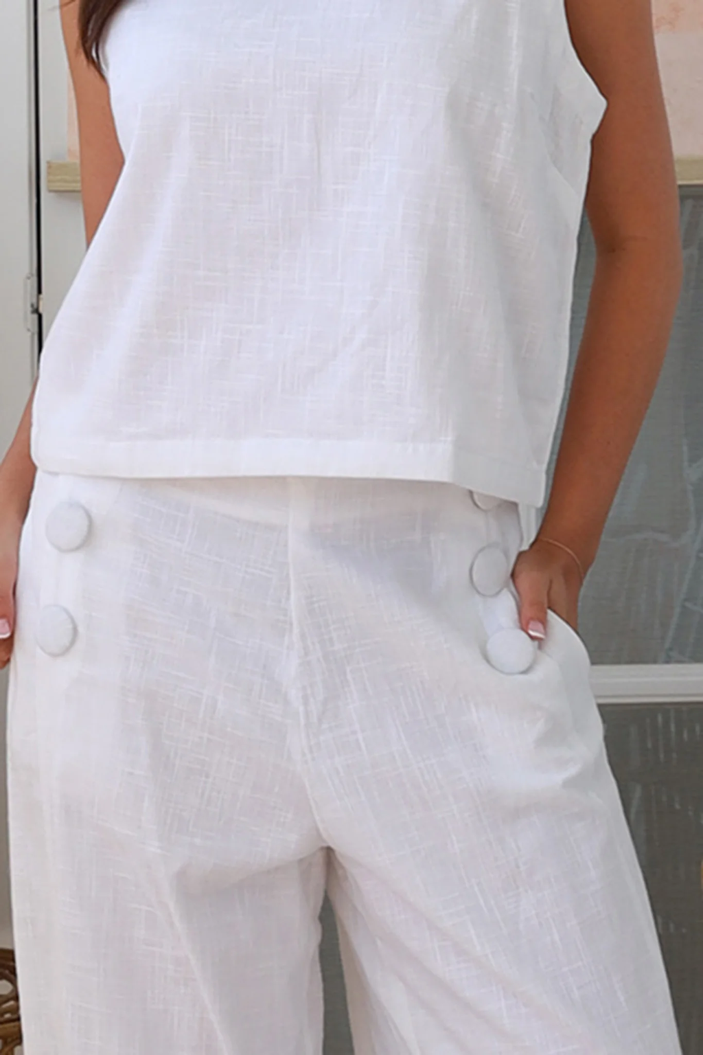 White Cotton Top & Wide Pant Set with Button Detail