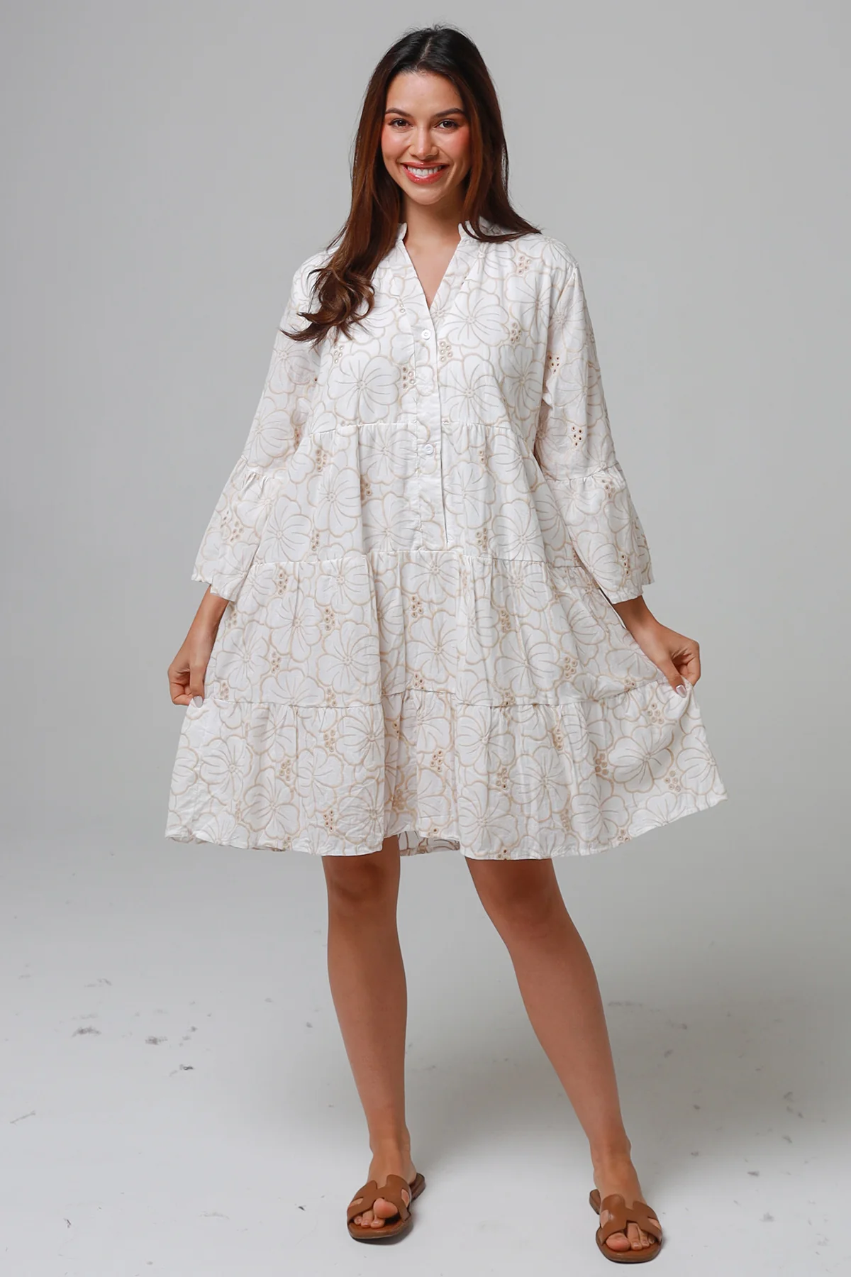 Lille Floral Embroidered Cotton Dress - White/Beige