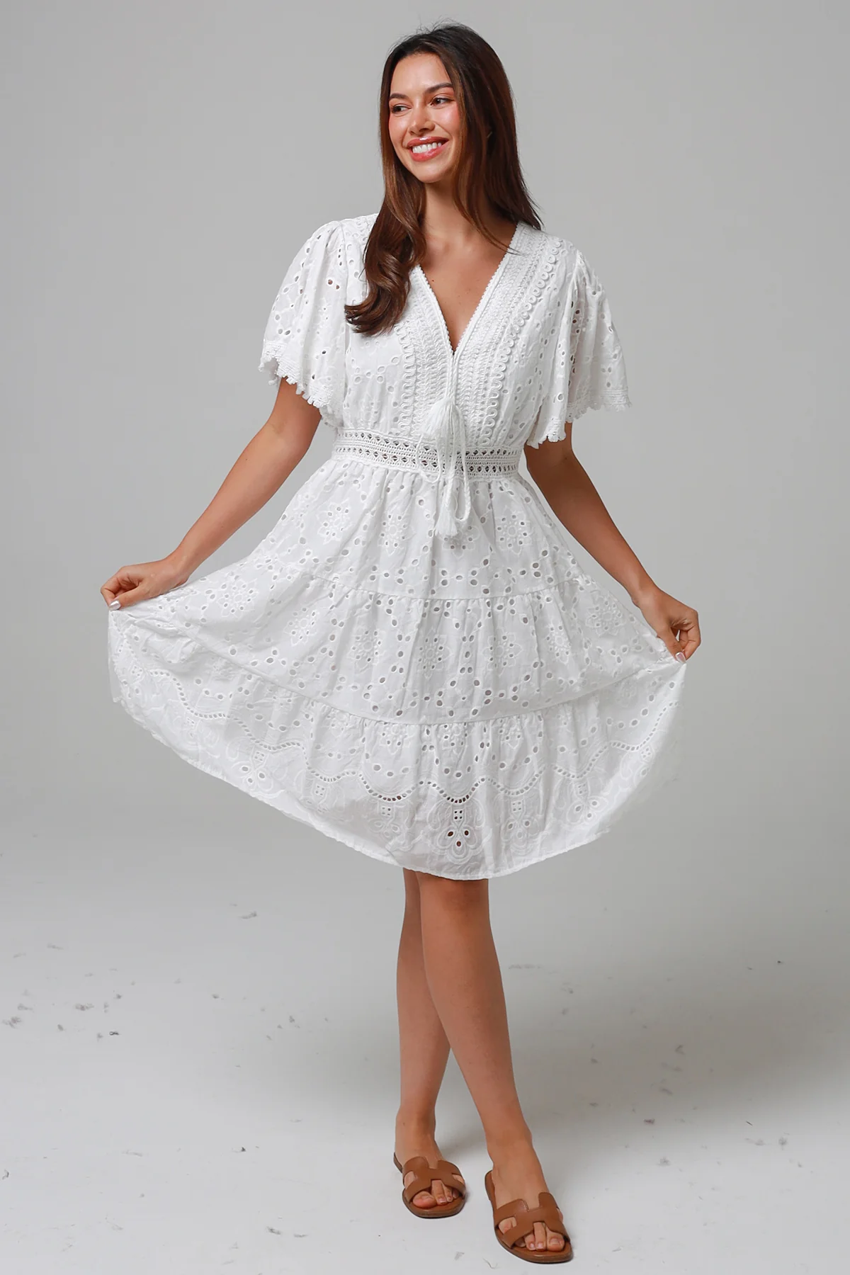 Madrid Embroidered Lace Cotton Dress - White
