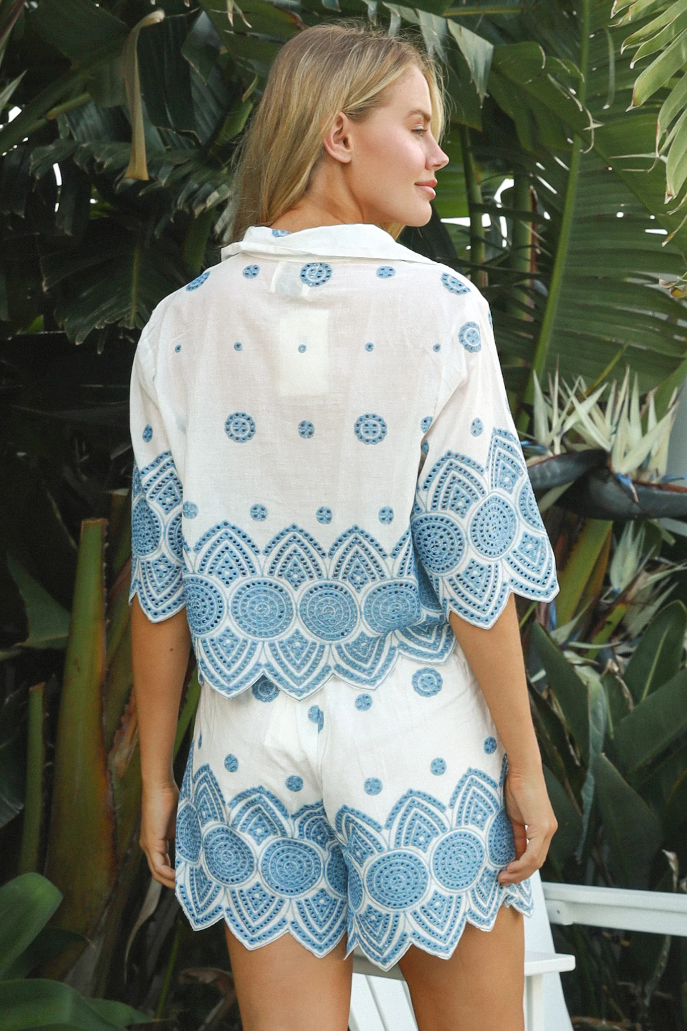 Mosaic Lace Embroidered Cotton Shirt & Shorts Set - White/Blue