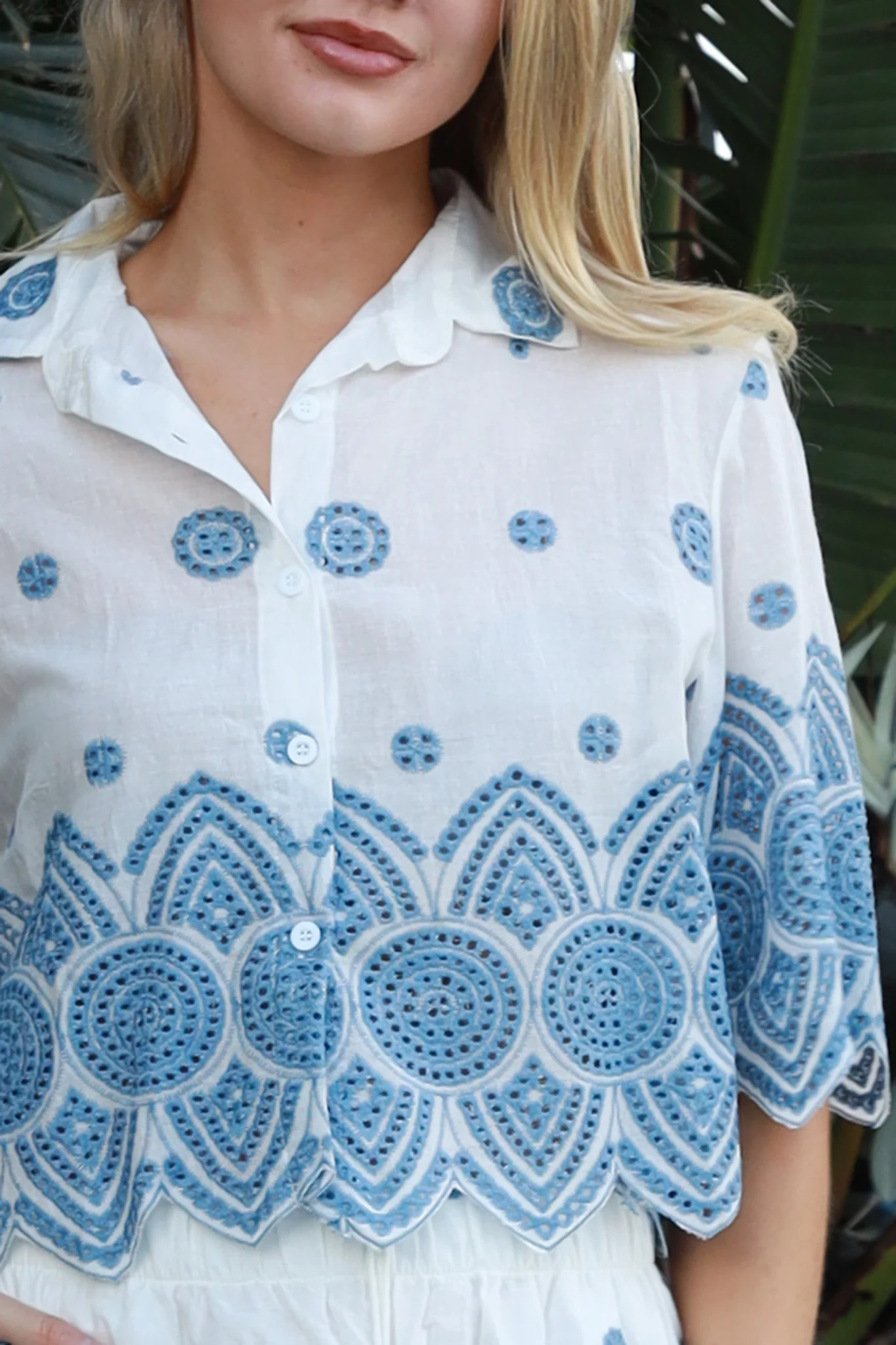Mosaic Lace Embroidered Cotton Shirt & Shorts Set - White/Blue
