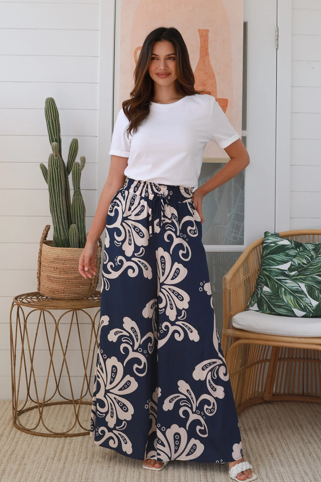 Fleur Floral Print Palazzo Pants - Navy/Beige