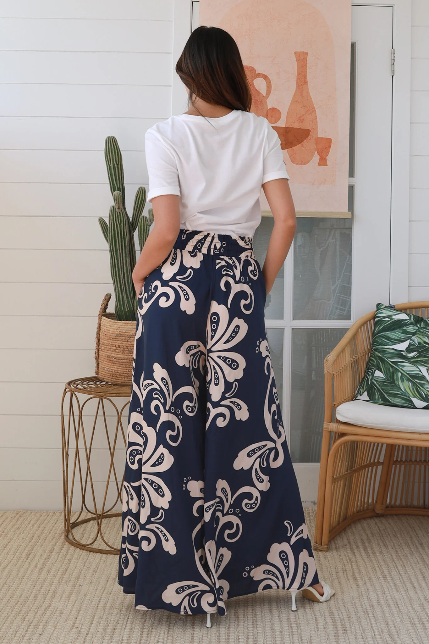 Fleur Floral Print Palazzo Pants - Navy/Beige
