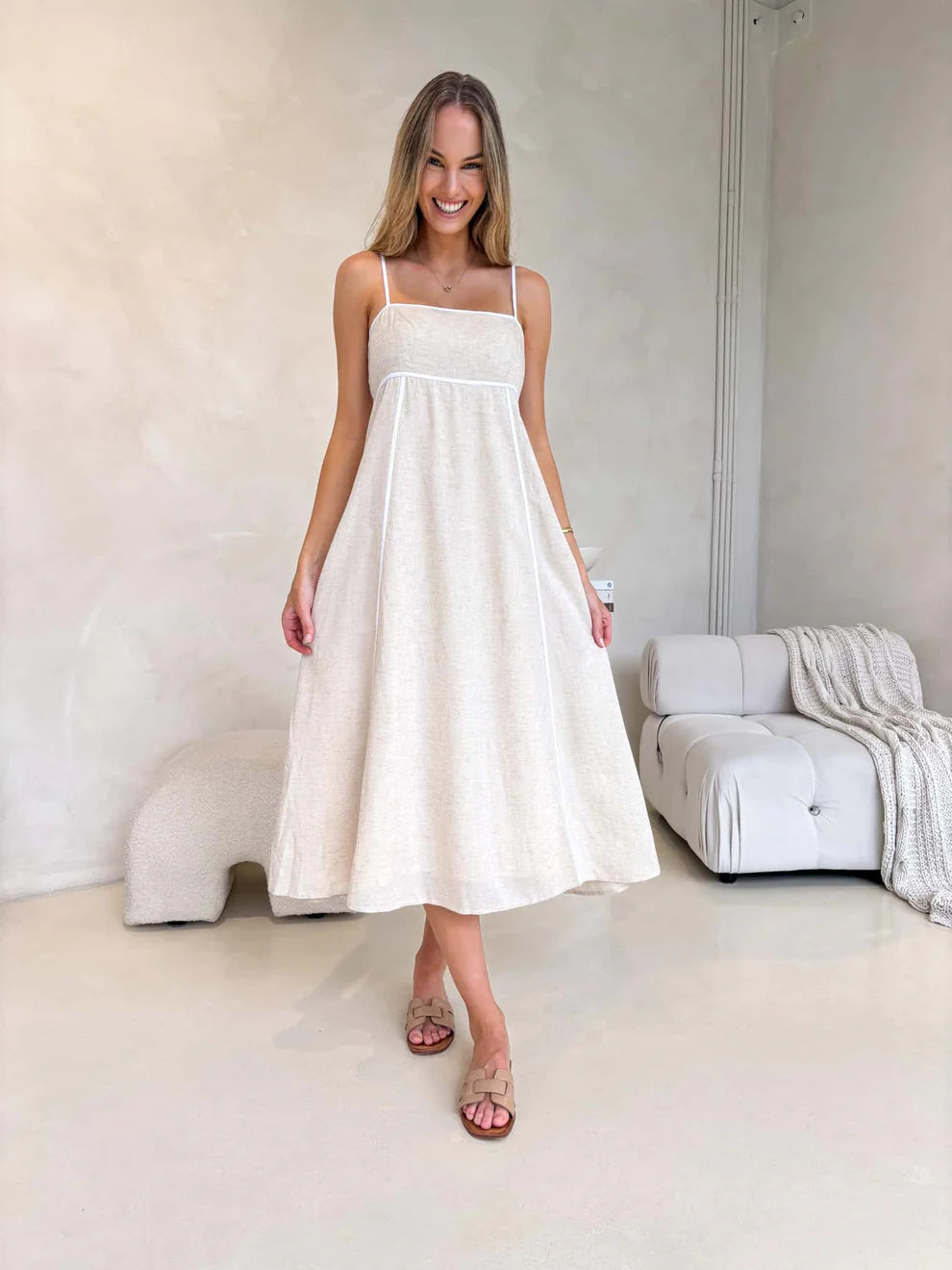 Francesca Empire Line Midi Dress with Contrast Seam Details - Oat/White