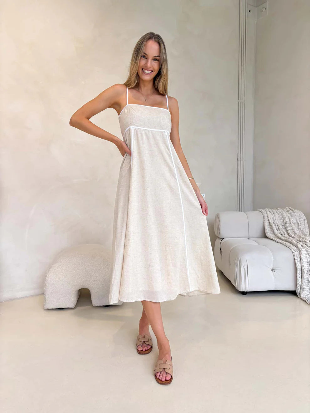 Francesca Empire Line Midi Dress with Contrast Seam Details - Oat/White