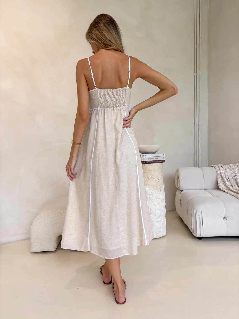 Francesca Empire Line Midi Dress with Contrast Seam Details - Oat/White