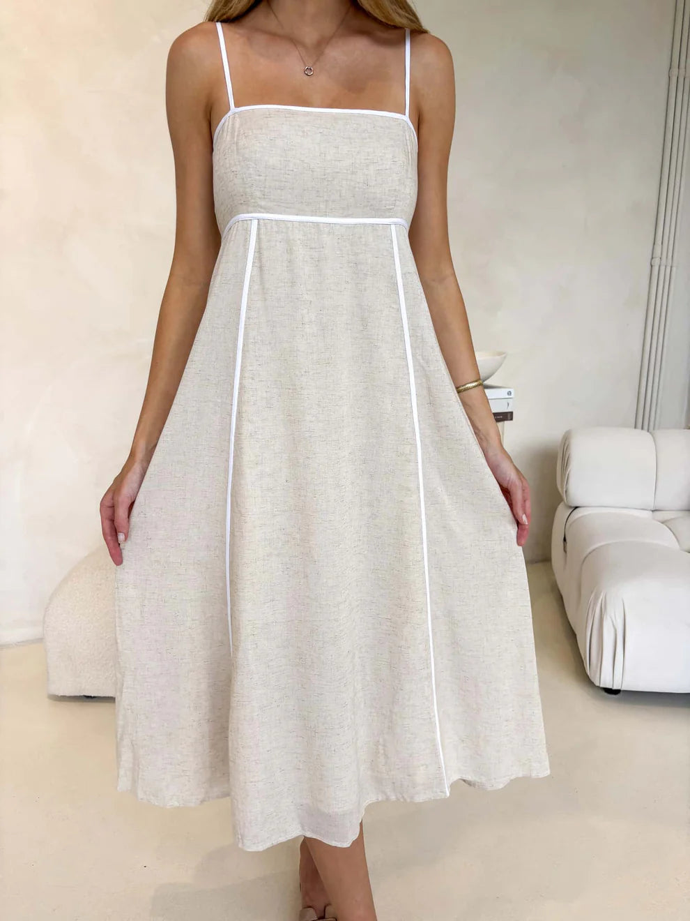 Francesca Empire Line Midi Dress with Contrast Seam Details - Oat/White