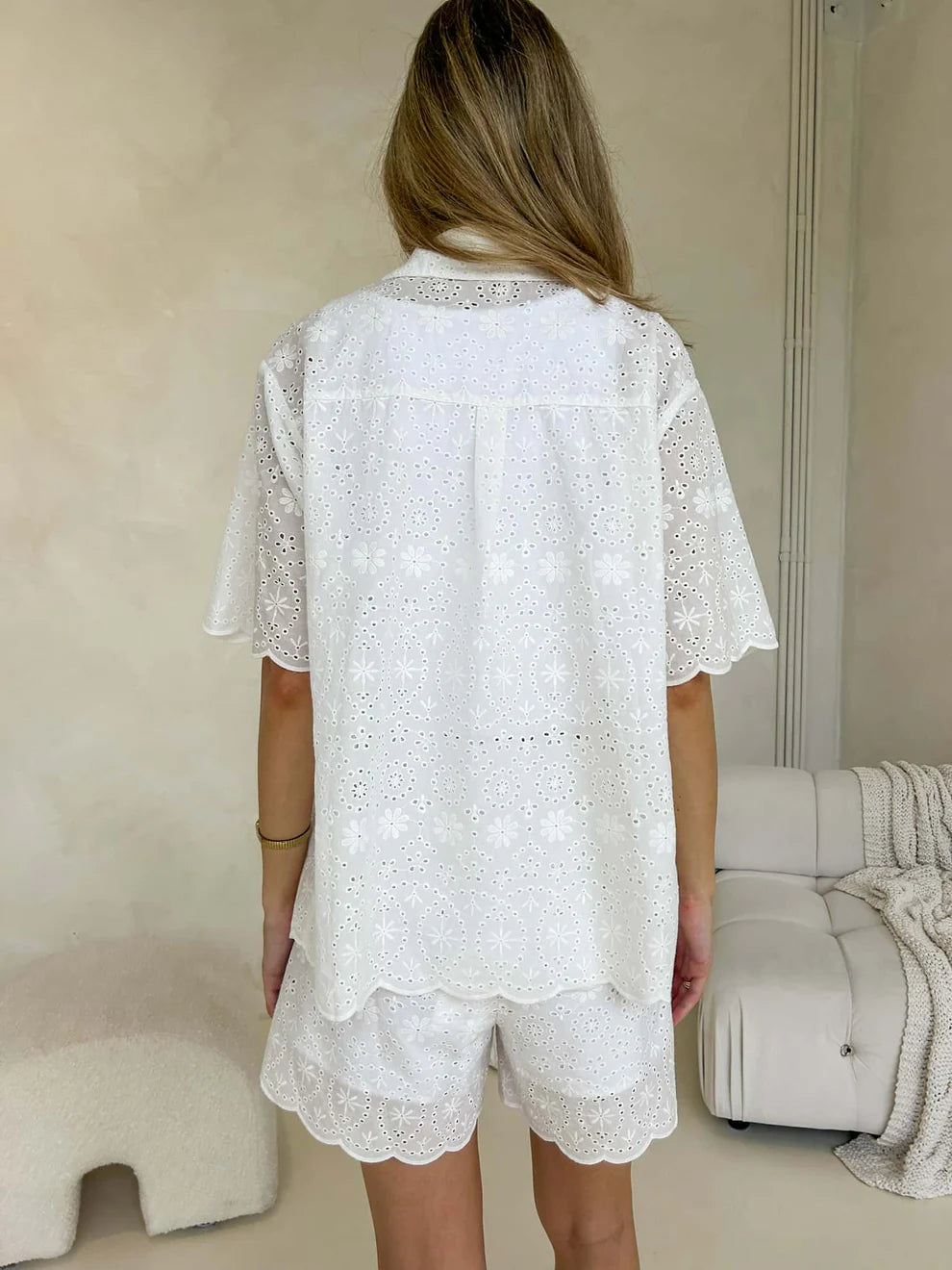 Lettie Embroidered Cotton Lace Shirt & Shorts Set - White
