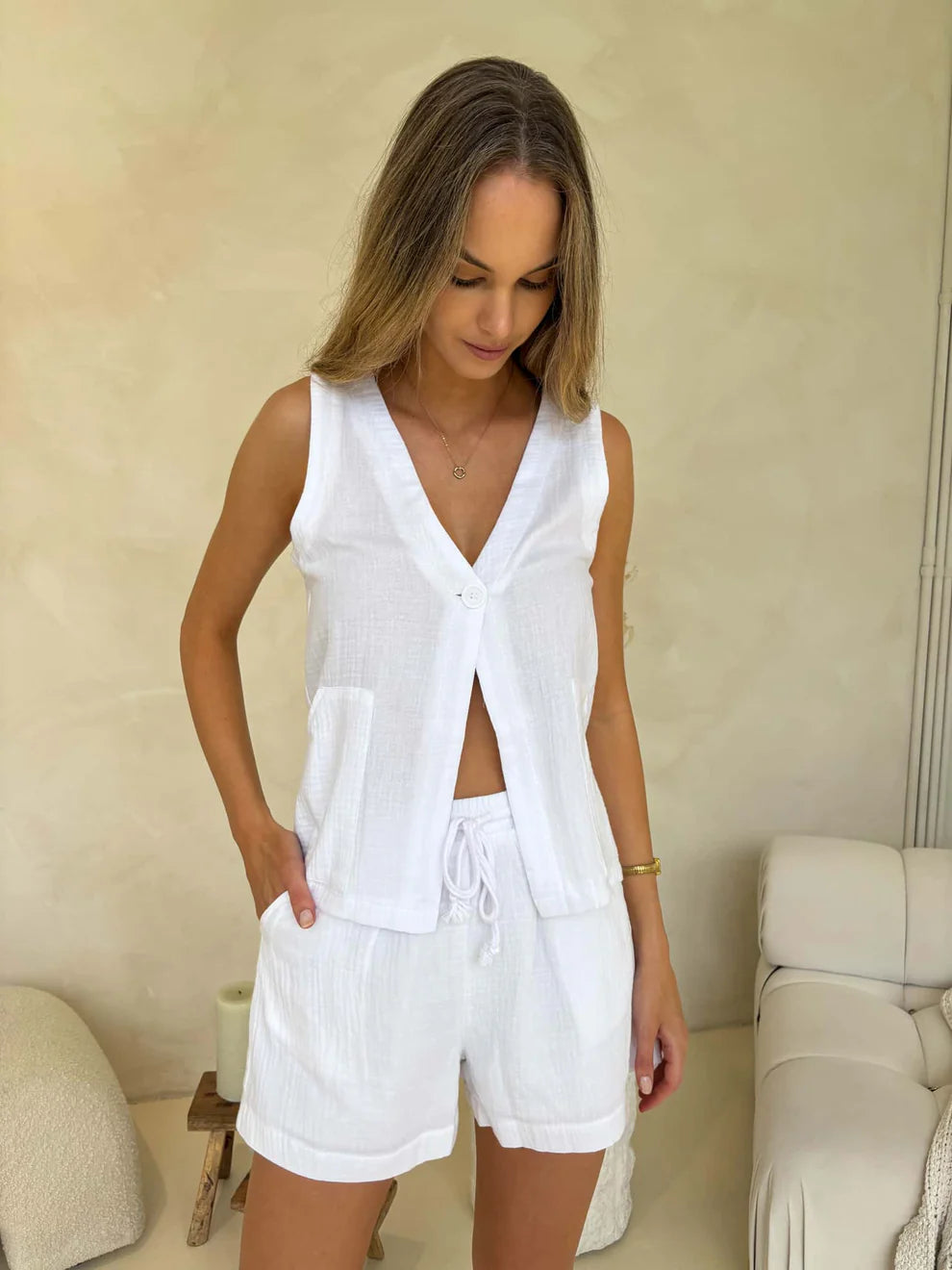 Audrey Textured Cotton Vest & Shorts Set - White