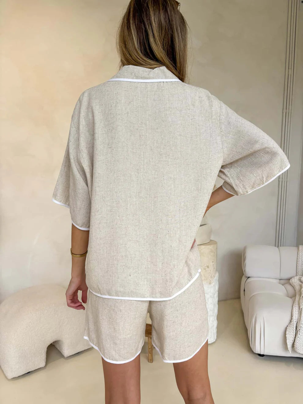 Tie Up Top and Shorts Set - Oat/White