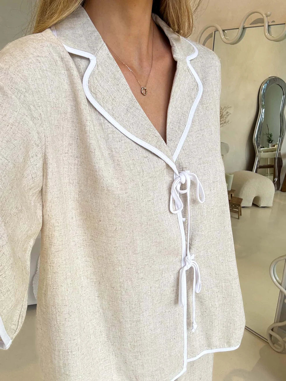 Tie Up Top and Shorts Set - Oat/White