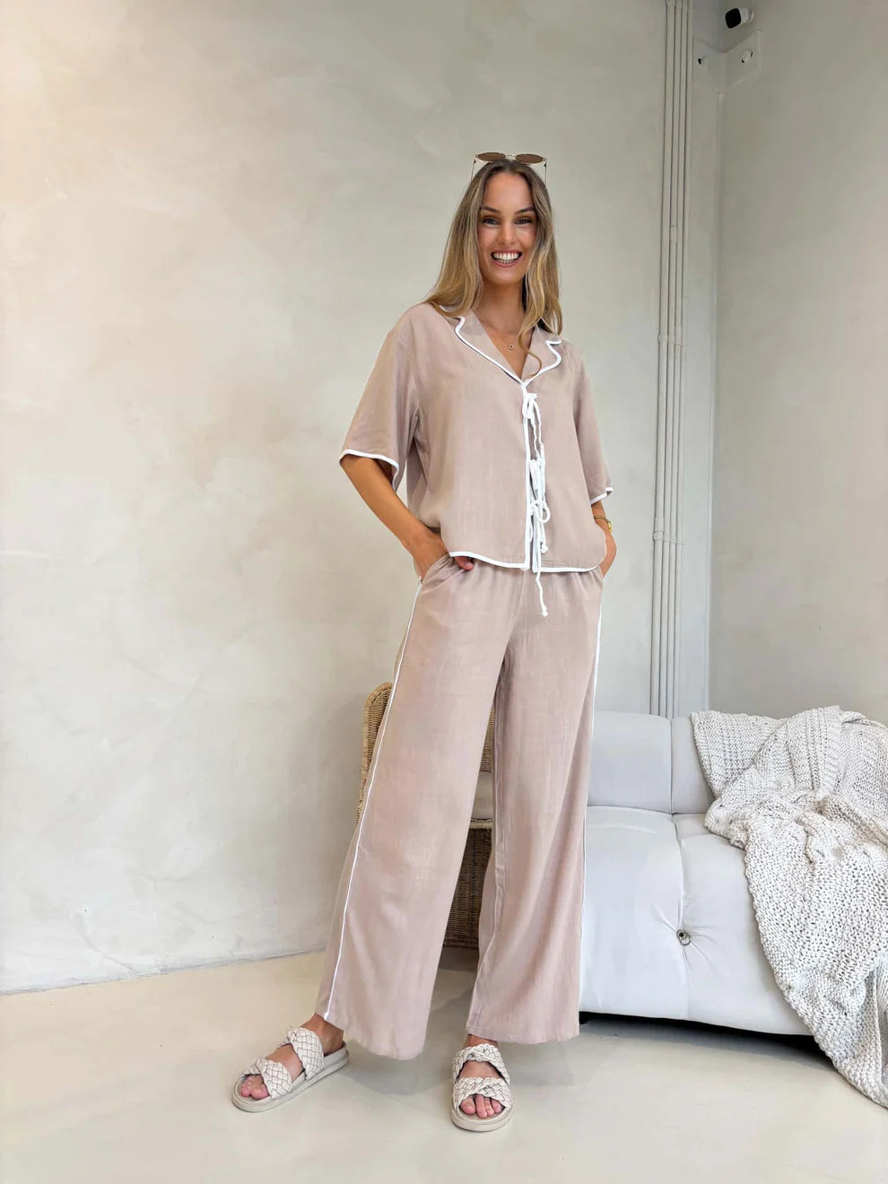 Tie Up Top and Pants Relaxed Co-ord Set - Beige/White