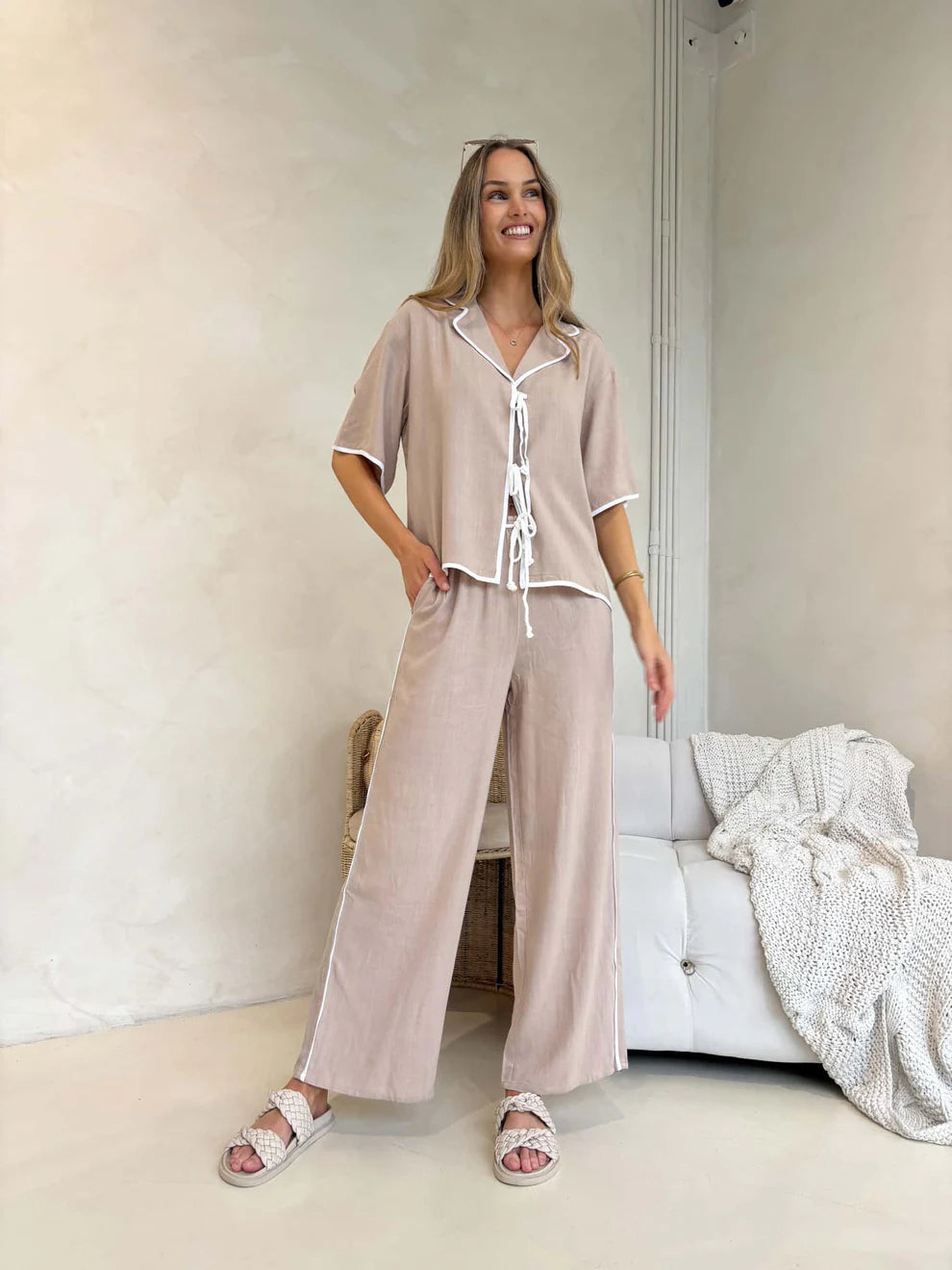 Tie Up Top and Pants Relaxed Co-ord Set - Beige/White