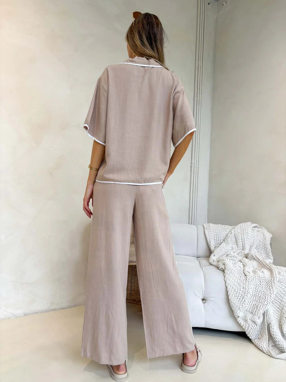 Tie Up Top and Pants Relaxed Co-ord Set - Beige/White