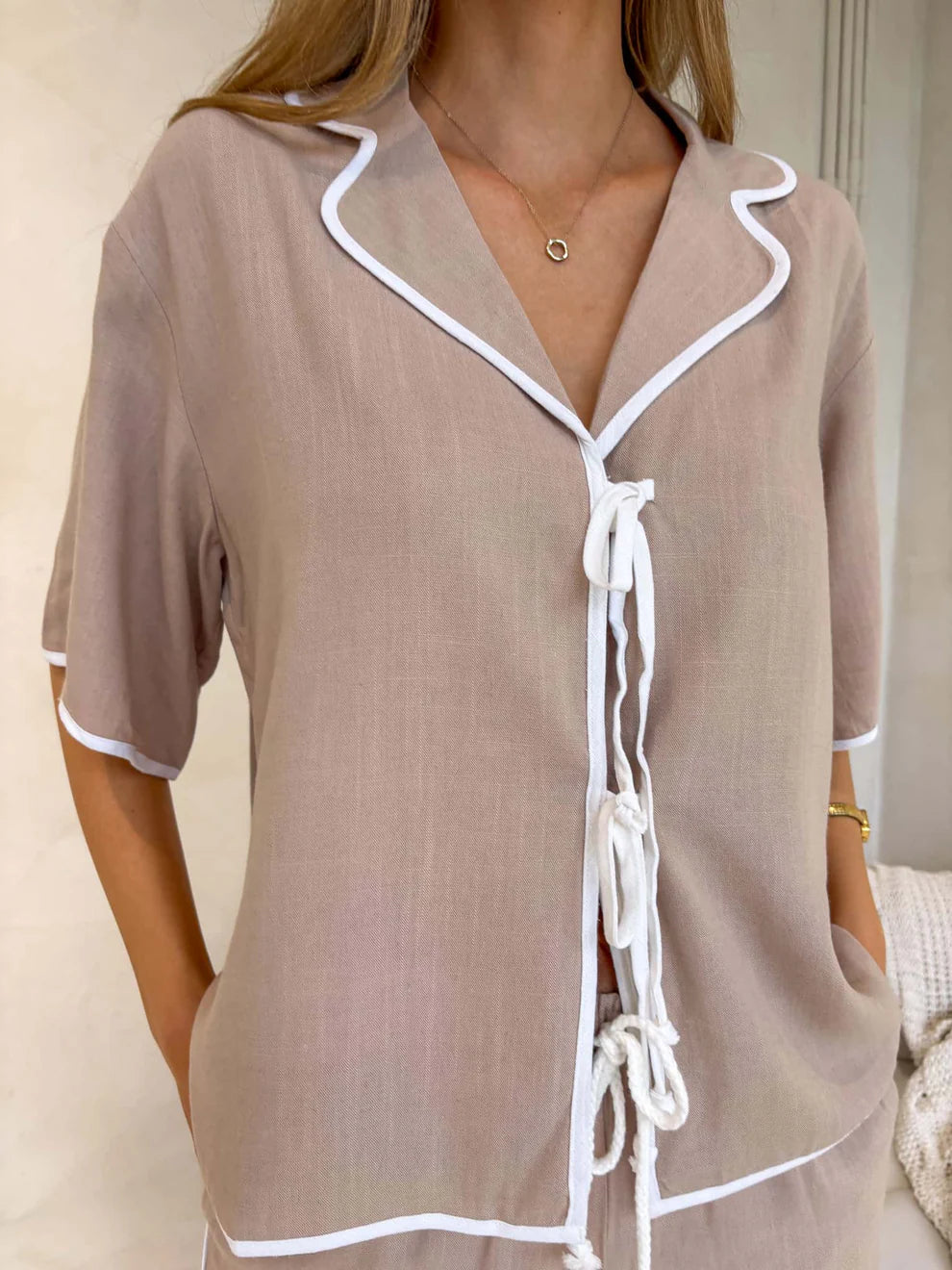 Tie Up Top and Pants Relaxed Co-ord Set - Beige/White