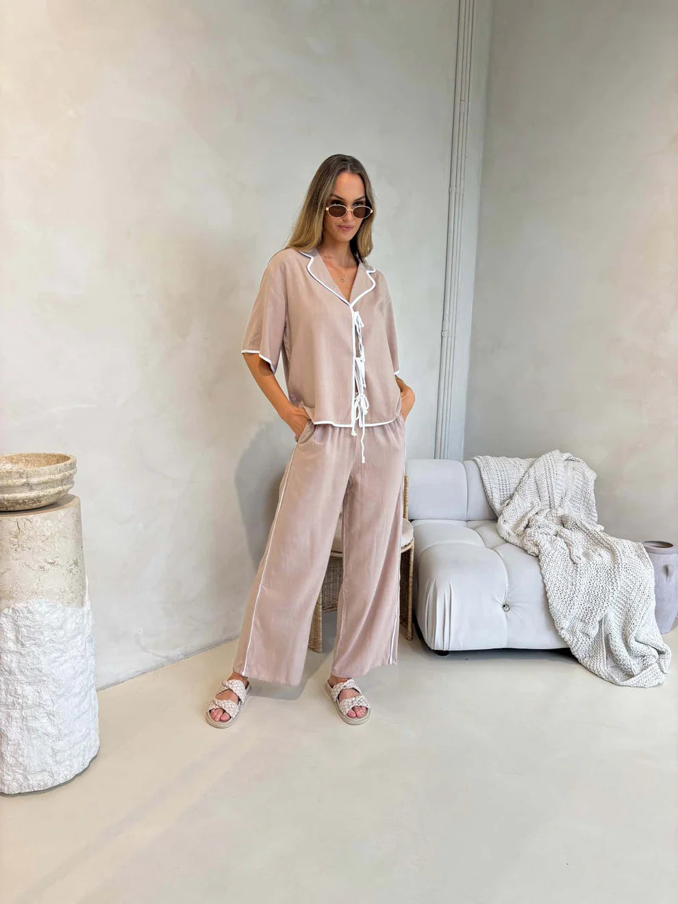 Tie Up Top and Pants Relaxed Co-ord Set - Beige/White