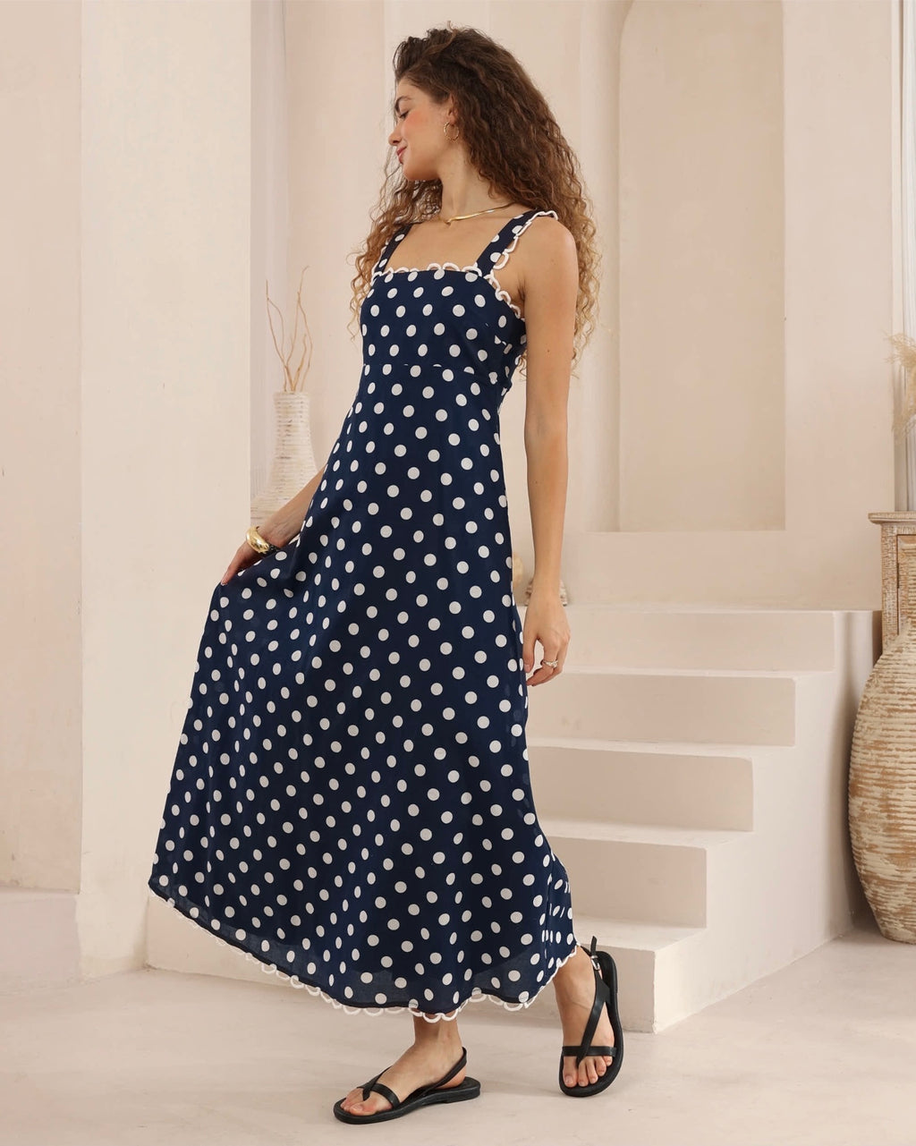 Paris Polka Dot Empire Line Maxi Dress with Lace Trim - Navy/White Spot