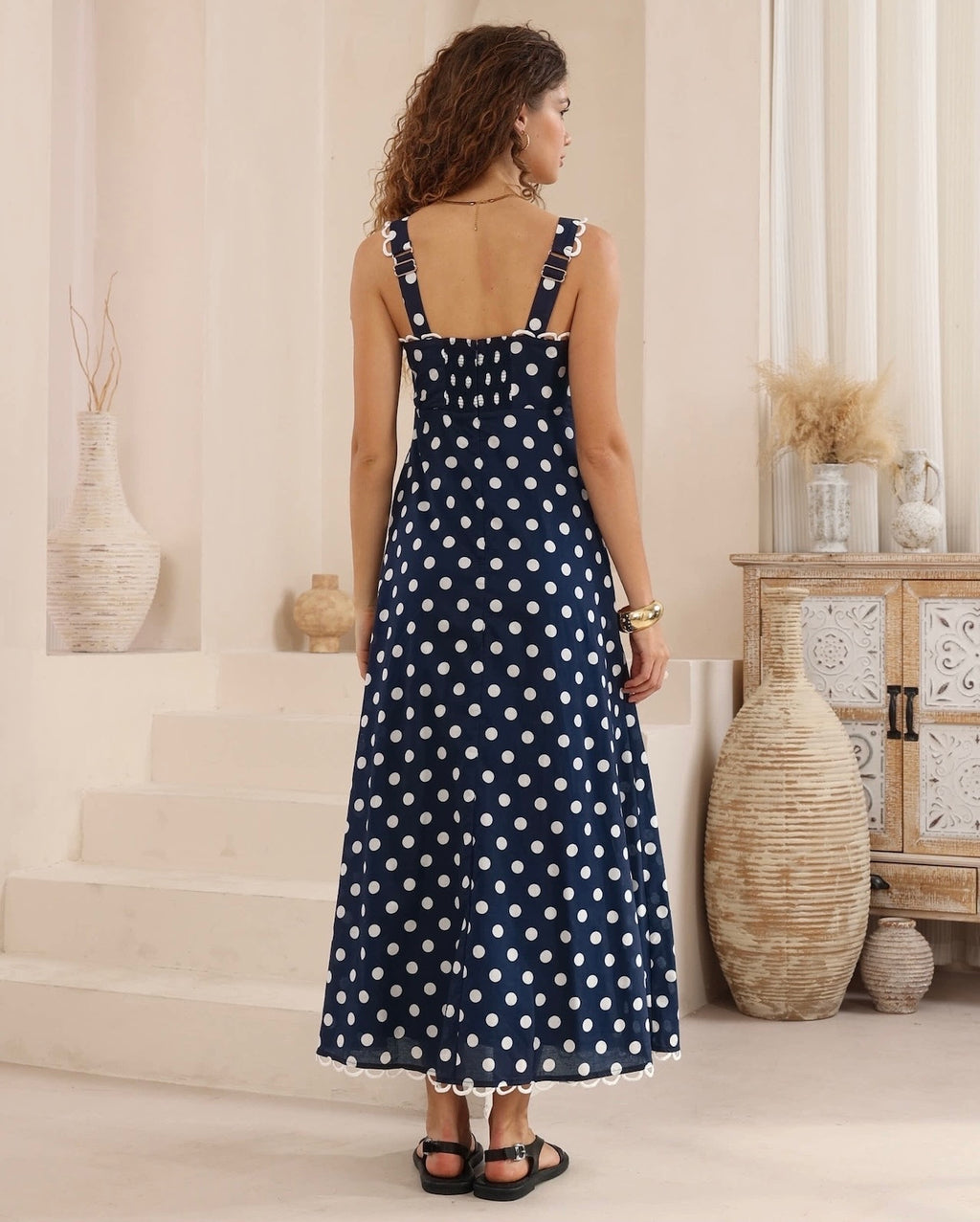 Paris Polka Dot Empire Line Maxi Dress with Lace Trim - Navy/White Spot