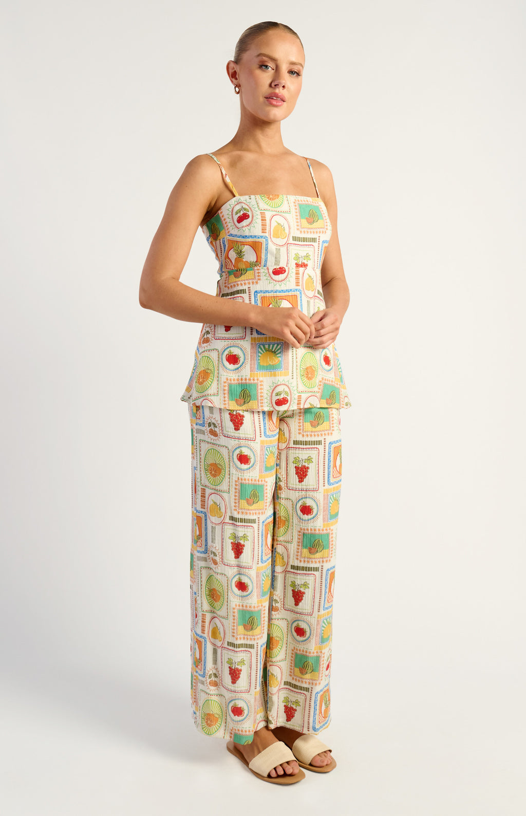 Tutti Frutti Print Top & Pant Matching Set with Back Tie Detail - Multi