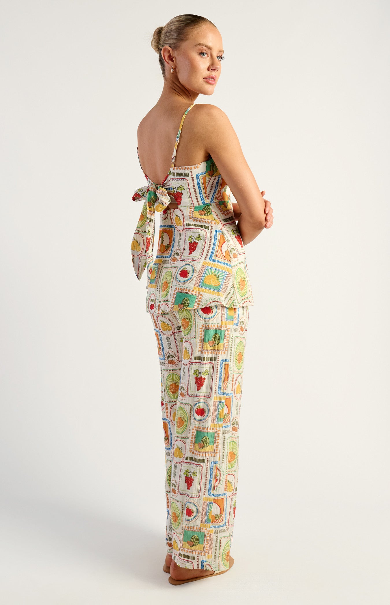 Tutti Frutti Print Top & Pant Matching Set with Back Tie Detail - Multi