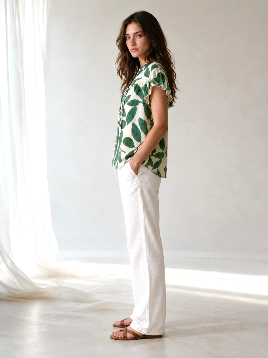 Green Leaves Flutter Sleeve Top