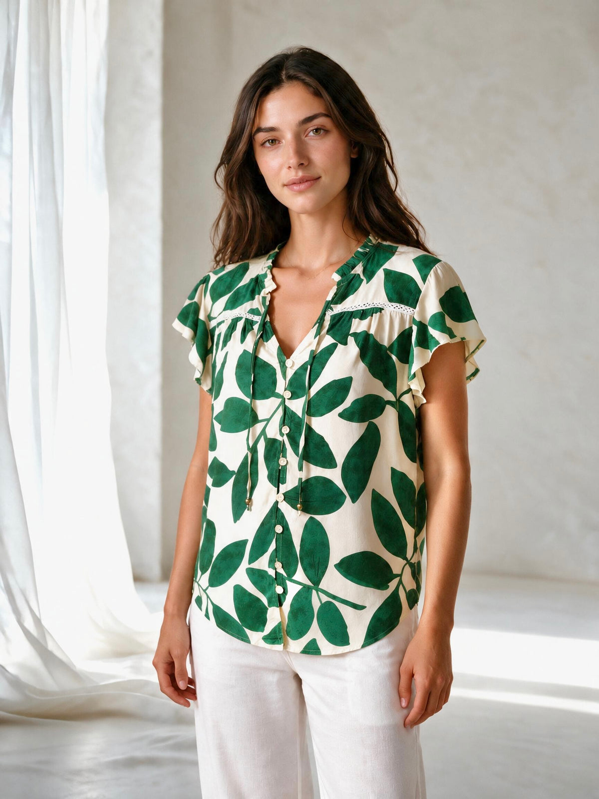 Green Leaves Flutter Sleeve Top
