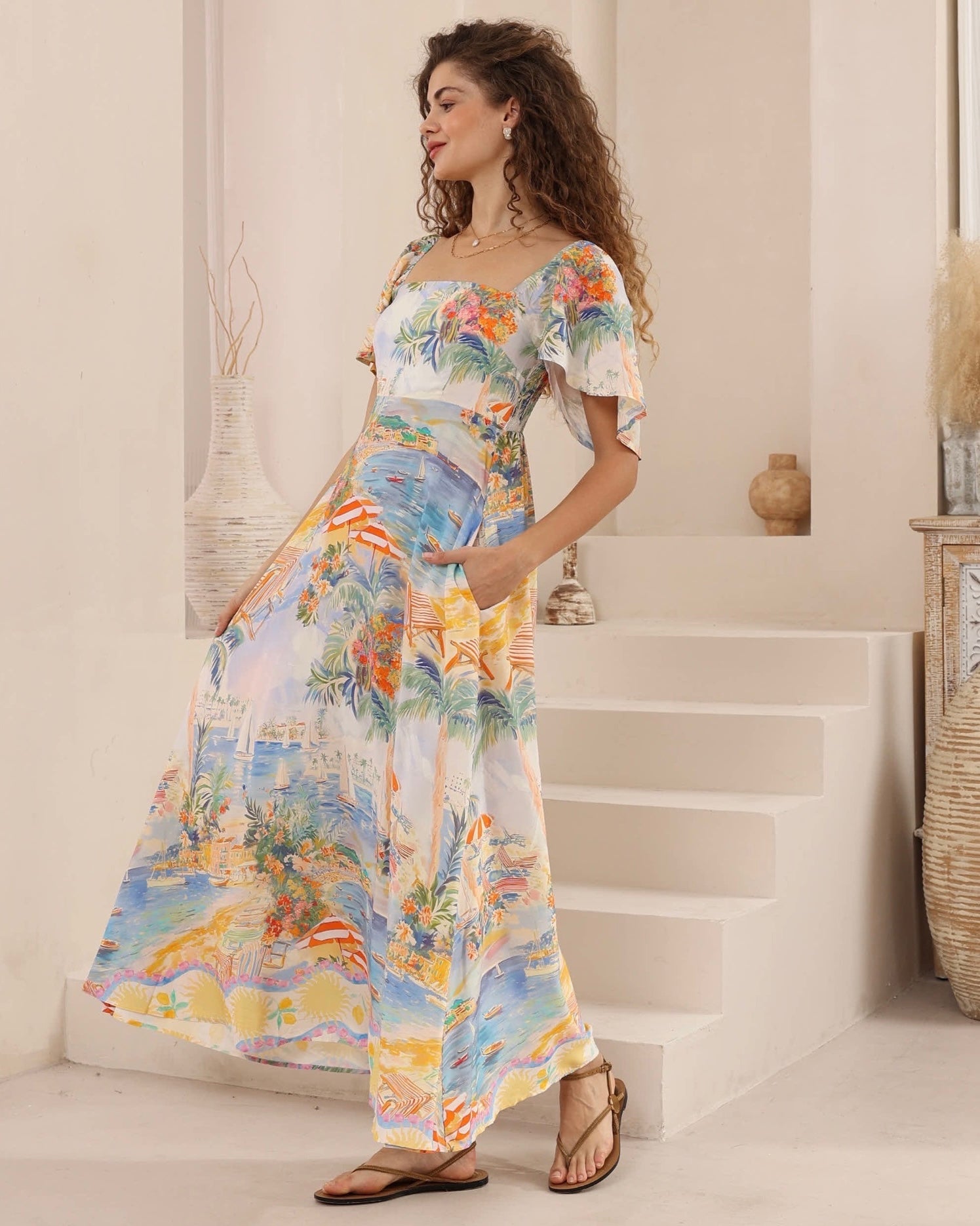 Marina Di Capri Print Empire Line Maxi Dress - Multi