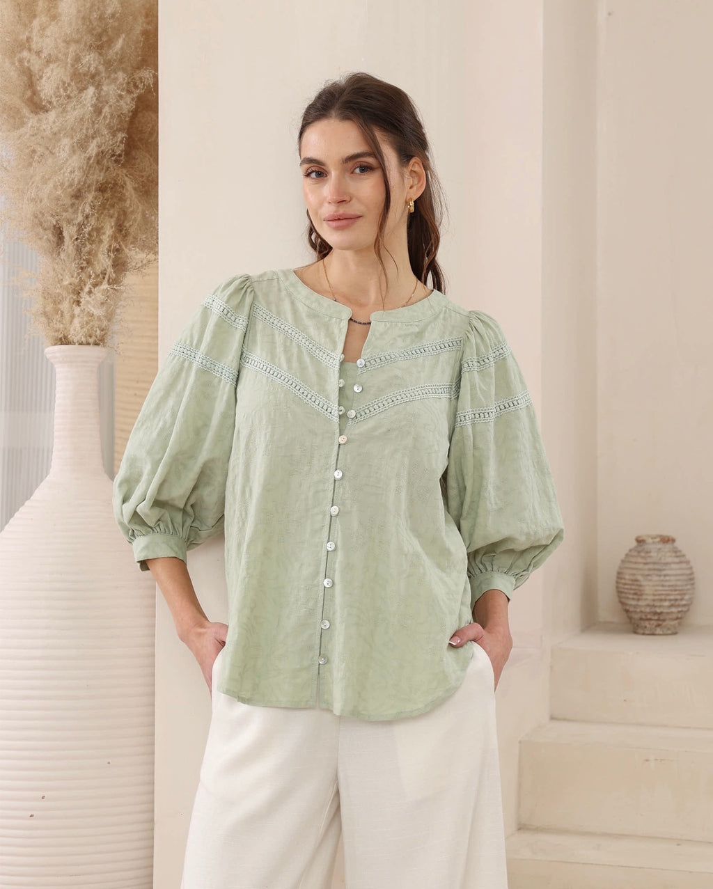 Sage Lace Cotton Blouse