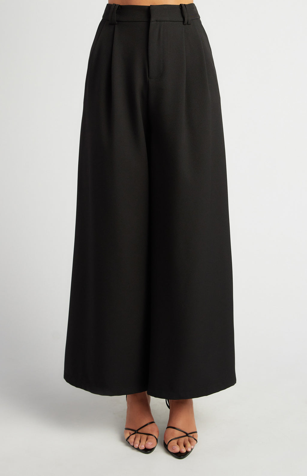 Double Pleat High-Waisted Wide Leg Formal Pants - Black