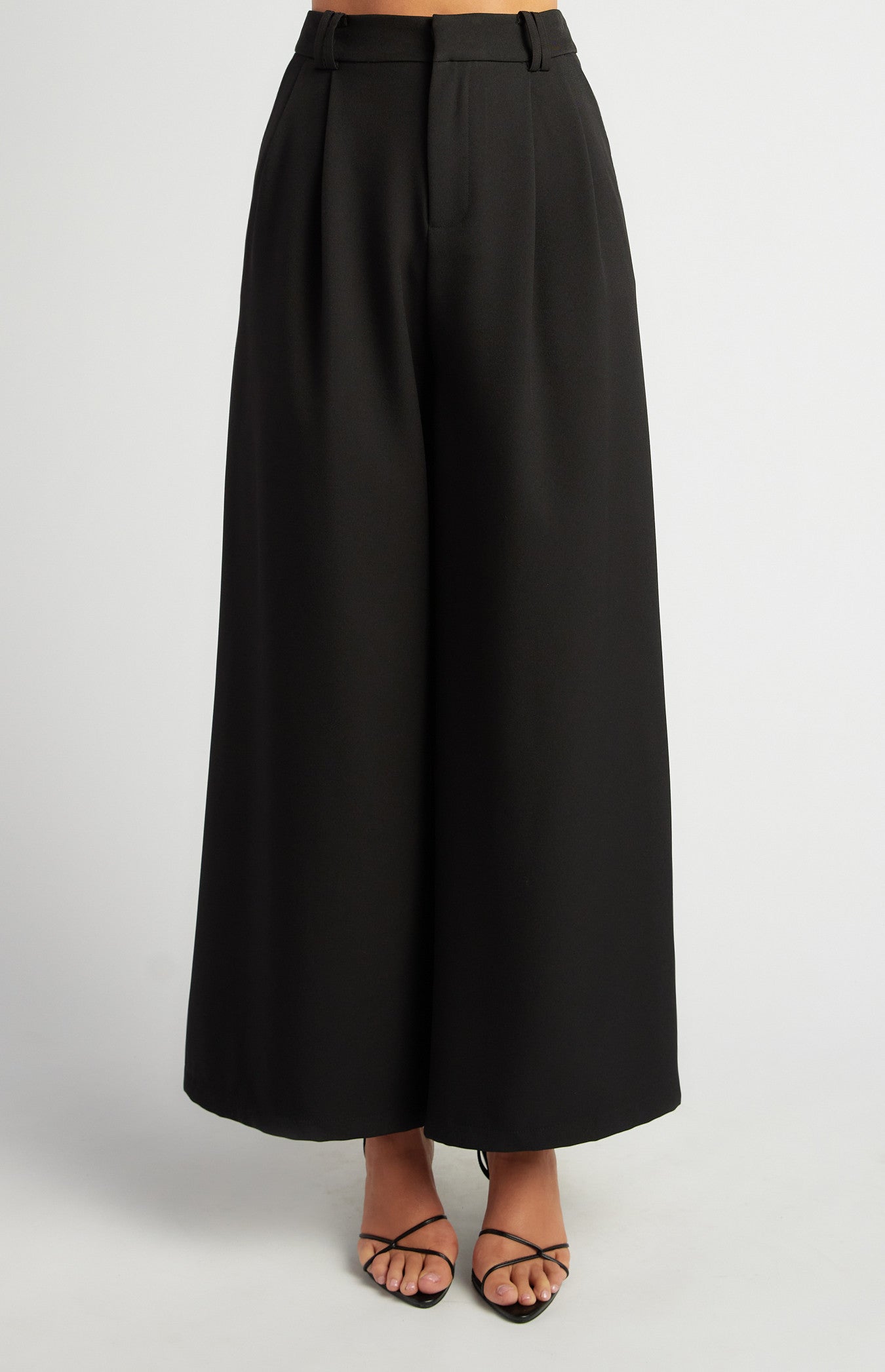 Double Pleat High-Waisted Wide Leg Formal Pants - Black