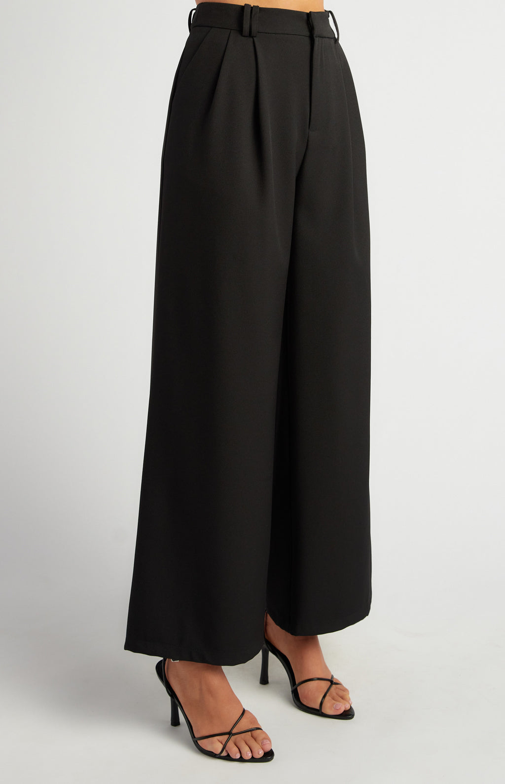 Double Pleat High-Waisted Wide Leg Formal Pants - Black