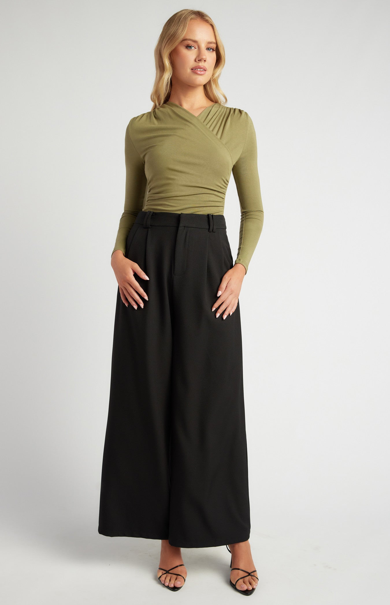 Double Pleat High-Waisted Wide Leg Formal Pants - Black