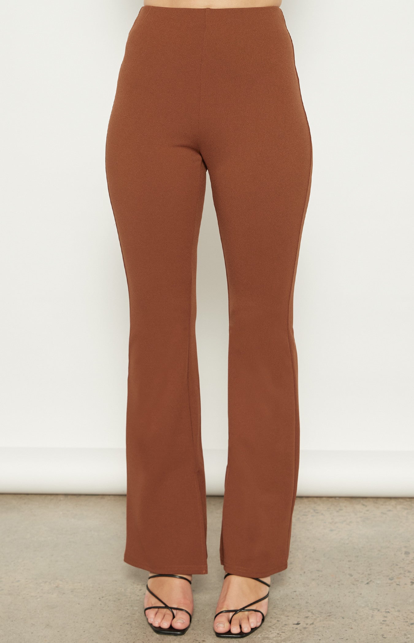 High Waisted Stretch Flare Pants with Split Detail - Tobacco