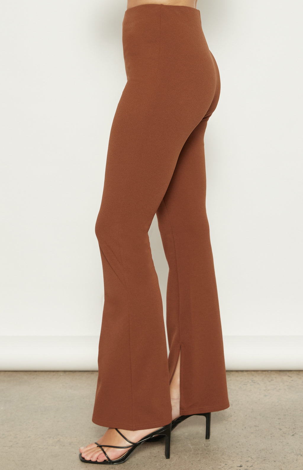High Waisted Stretch Flare Pants with Split Detail - Tobacco