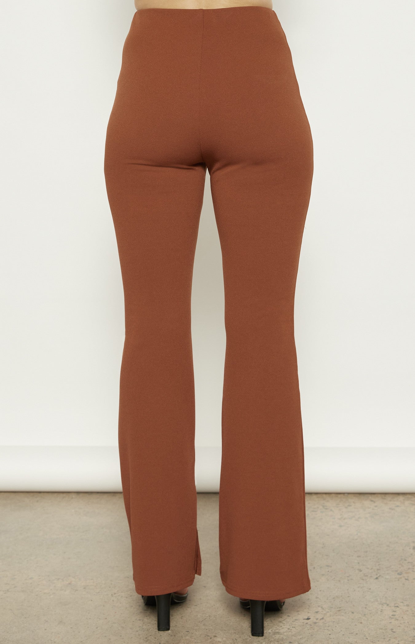 High Waisted Stretch Flare Pants with Split Detail - Tobacco