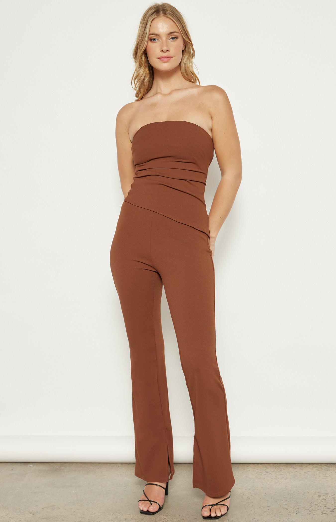 High Waisted Stretch Flare Pants with Split Detail - Tobacco