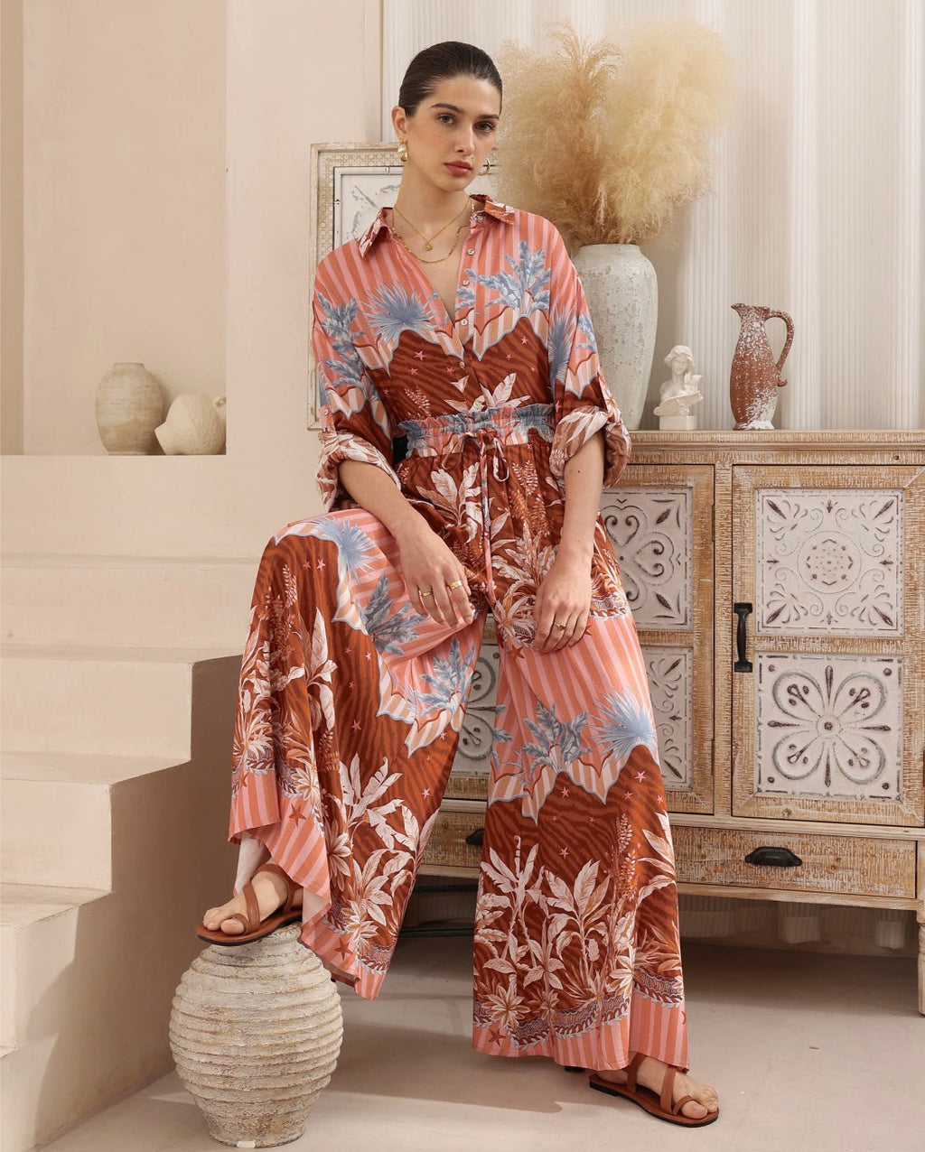 Sunset Tropics Print Co-ord Palazzo Pants - Pink/Brown