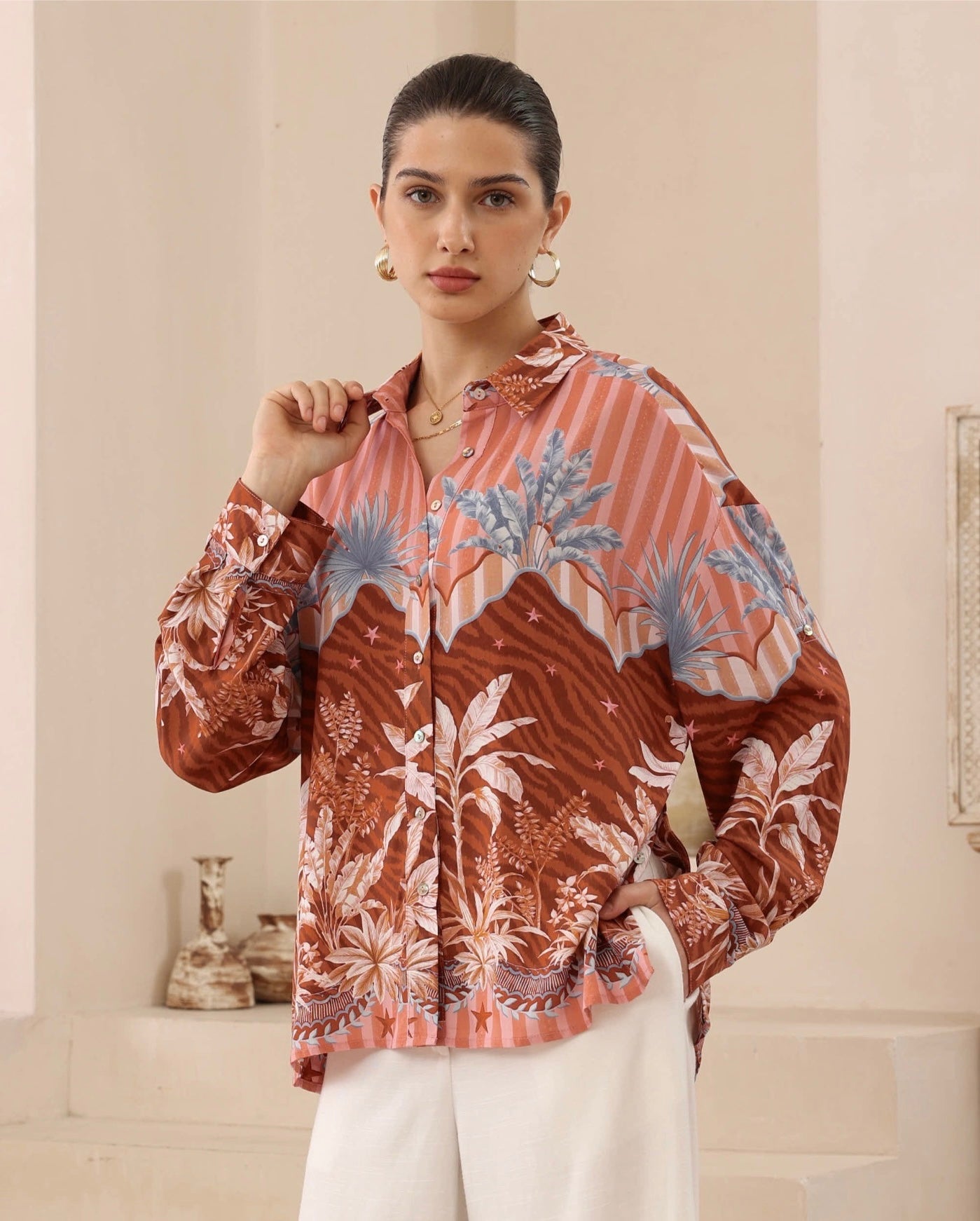 Sunset Tropics Print Co-ord Shirt - Pink/Brown