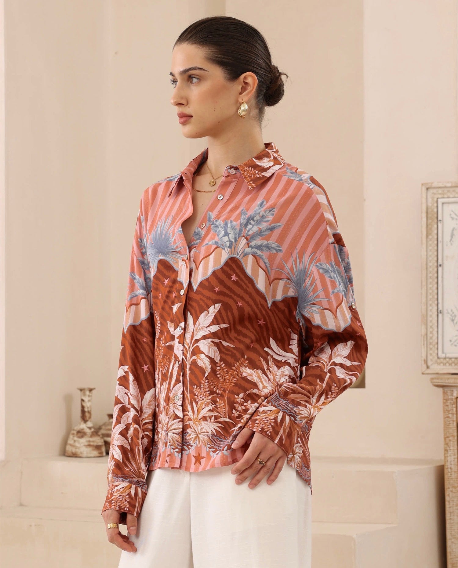 Sunset Tropics Print Co-ord Shirt - Pink/Brown