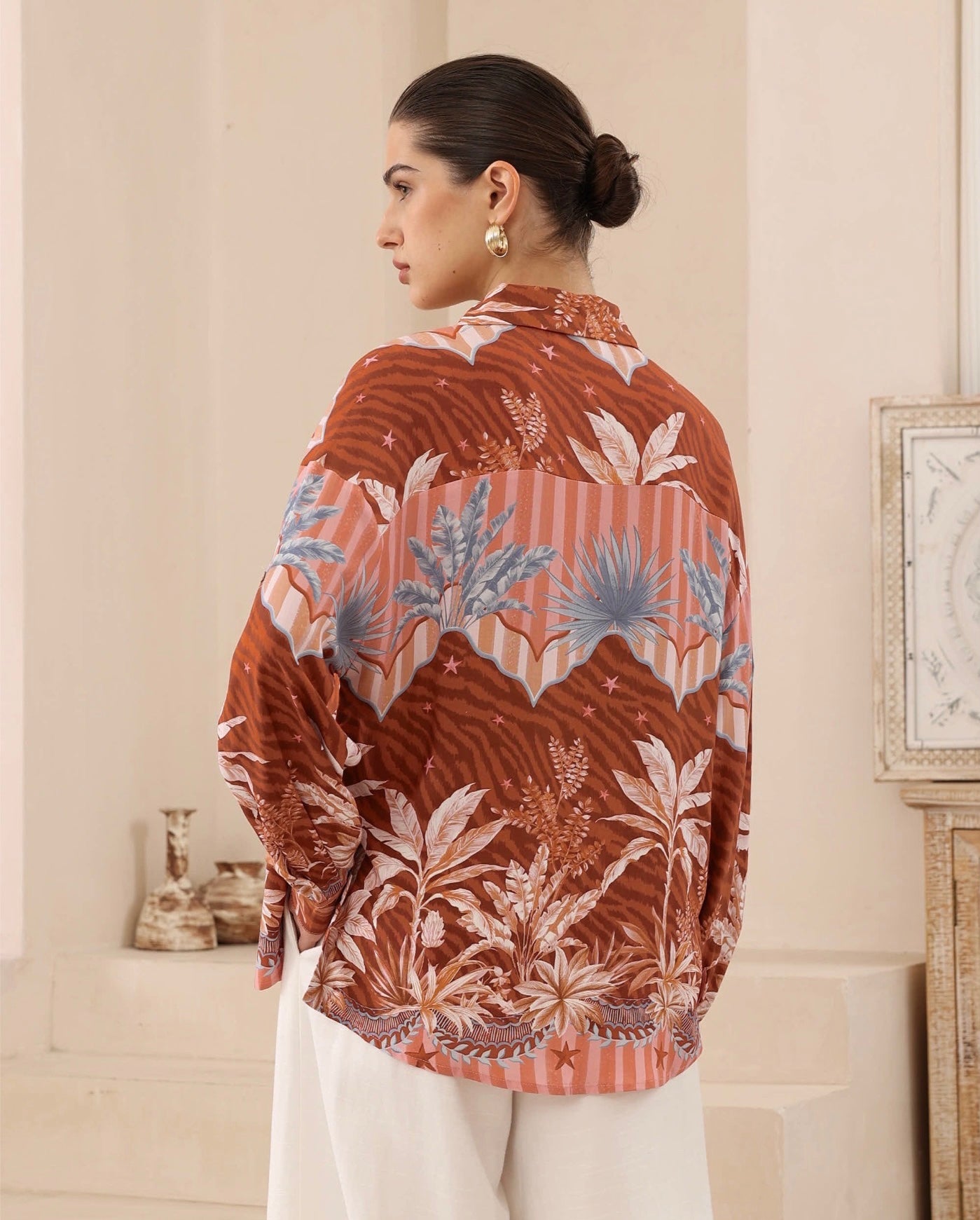 Sunset Tropics Print Co-ord Shirt - Pink/Brown